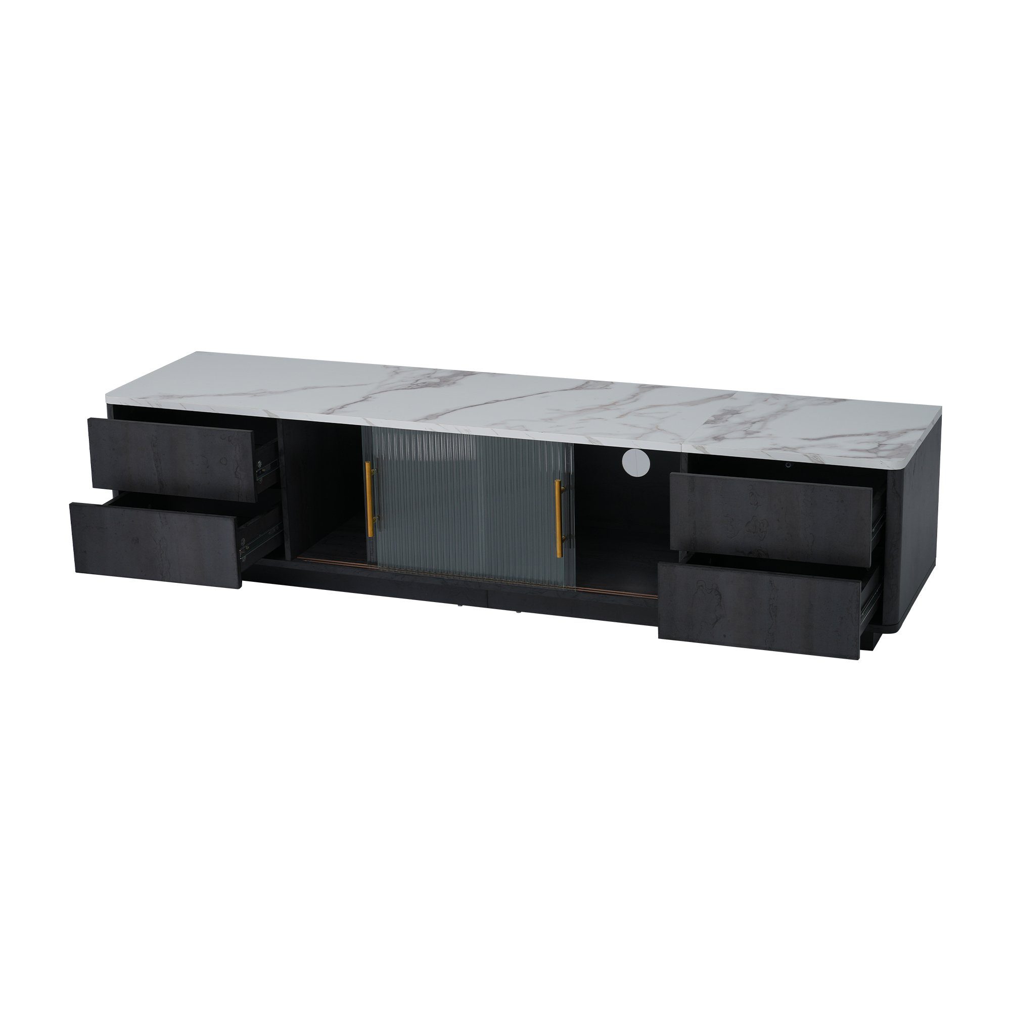 Tischplatte, TV-Schrank Lowboard 4 Schubladen) Stand Kabelführungslöcher (1-St., Push-to-Open-Funktion, TV marmorierte Kabelmanagement, BlingBin