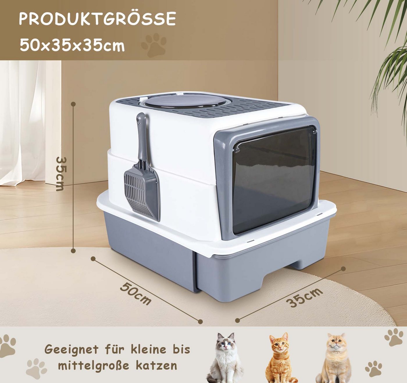 Thumbnail - ElitVita Katzentoilette Katzenklo Groß, mit Deckel, Schubladensystem, mit Katzenstreuschaufel, 50 x 35 x 35 cm