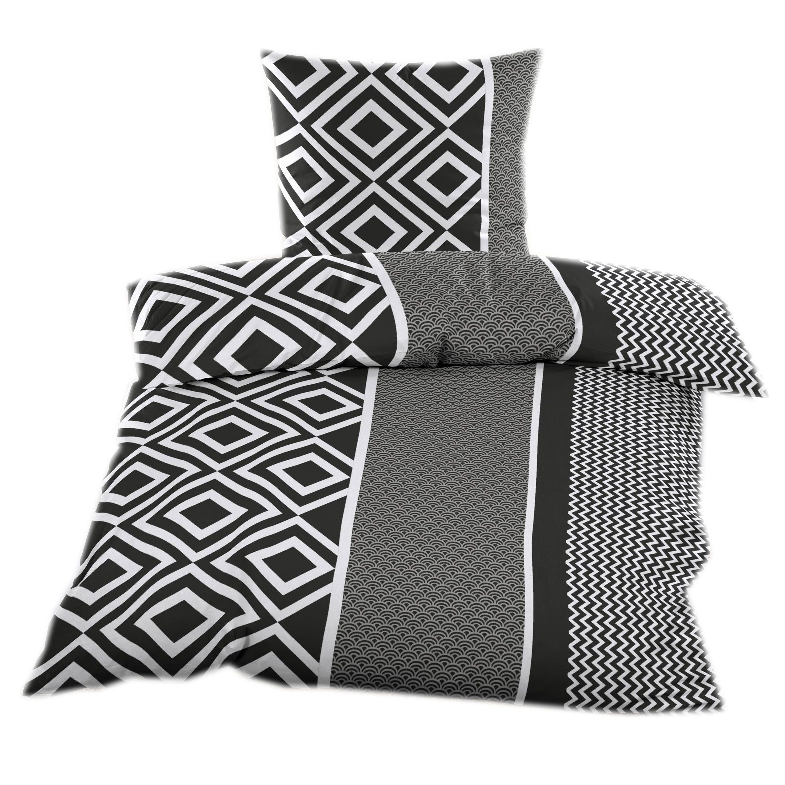Casa Colori Bettwäsche Biber 135x200 cm mit Reißverschluss 100% Baumwolle, Biber, 2 teilig, Schwarz Weiß mit geometrischen Muster