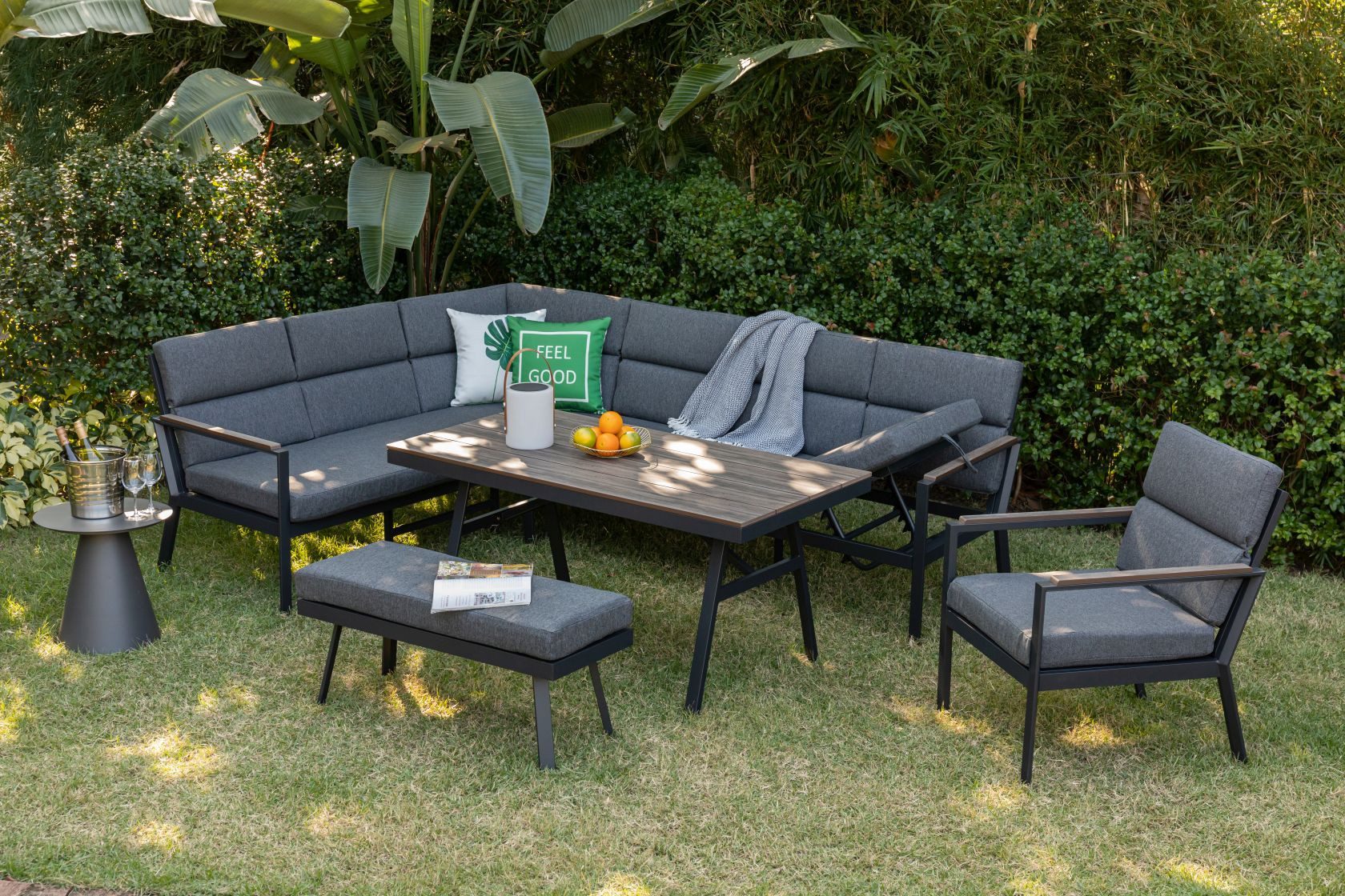 Gardissimo Gartenlounge-Set Nara Oak XL links / Gartenmöbelset / Nonwood, (Set, 4-tlg., Alu, Ecklounge, Esstisch, Sessel, Bank, inkl. Auflagen), Dining Höhe, Liegefunktion, wetterfest