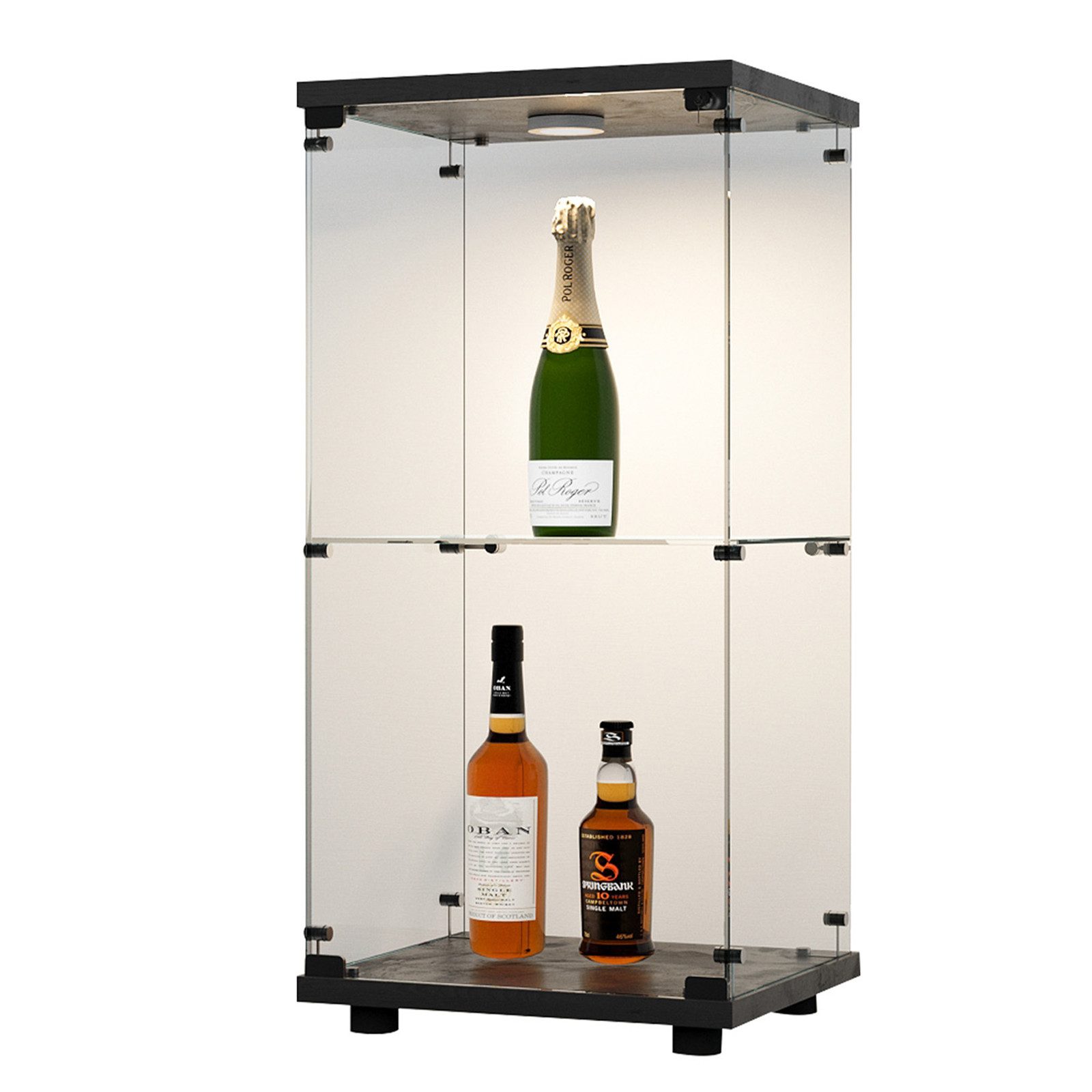 BELUPAI Glasvitrine Modern Glas Vitrinenschrank mit LED-Beleuchtung (Set, 1-St., 2 Lagen Standvitrine mit 1 Glastür) für Sammlerstücke Bücher Wein, 40x36x86cm, Schwarz