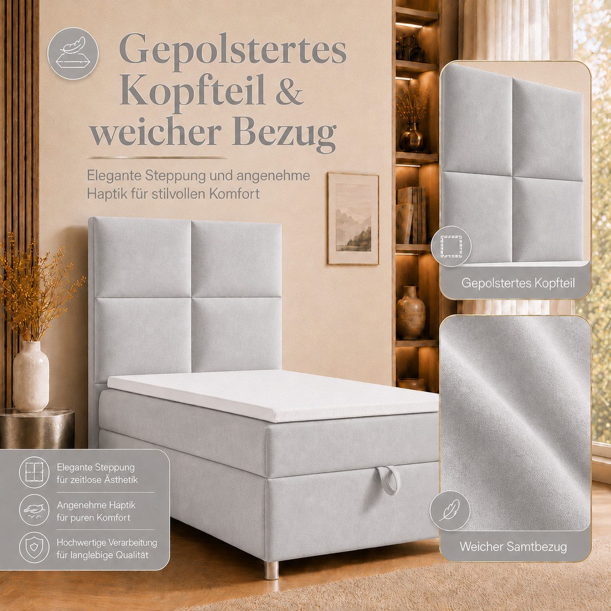 Best for Home Boxspringbett Trinity K-2 mit Bettkasten & Topper – Komfort & Stauraum (Einzelbett, Hotelbett, Polsterbett gepolstertes Kopfteil, Jugendbett, Kinderbett versch. Größen, 1-St., 70x200 80x200 90x200 100x200 cm), Einzel-Boxspringbett mit integriertem Stauraum, gepolstertem Kopfteil