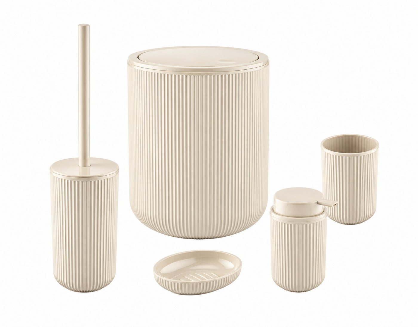 axentia Badaccessoire-Set Bad-Set Badezimmerset Badezimmer-Ausstattung, 5-teiliges Badset, Kosmetikeimer Seifenschale Seifenspender WC-Bürste Zahnputzbecher