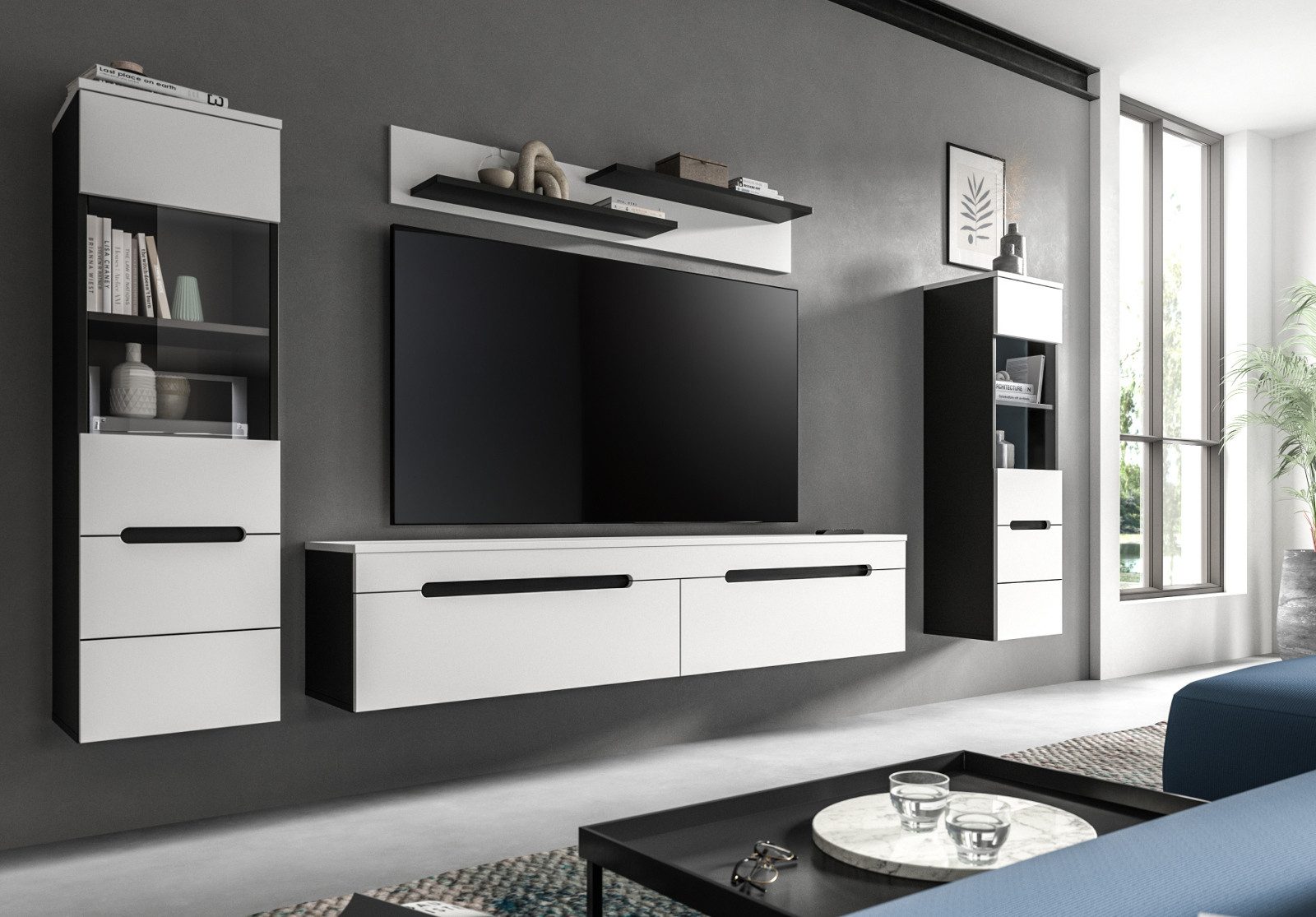 Inn.Furn Wohnwand Cooper, (Wohnkombination in Weiß matt und Basalt Grau, hängend oder stehend, Breite ca. 270 cm), mit Soft-Close – Bild 5 von 5