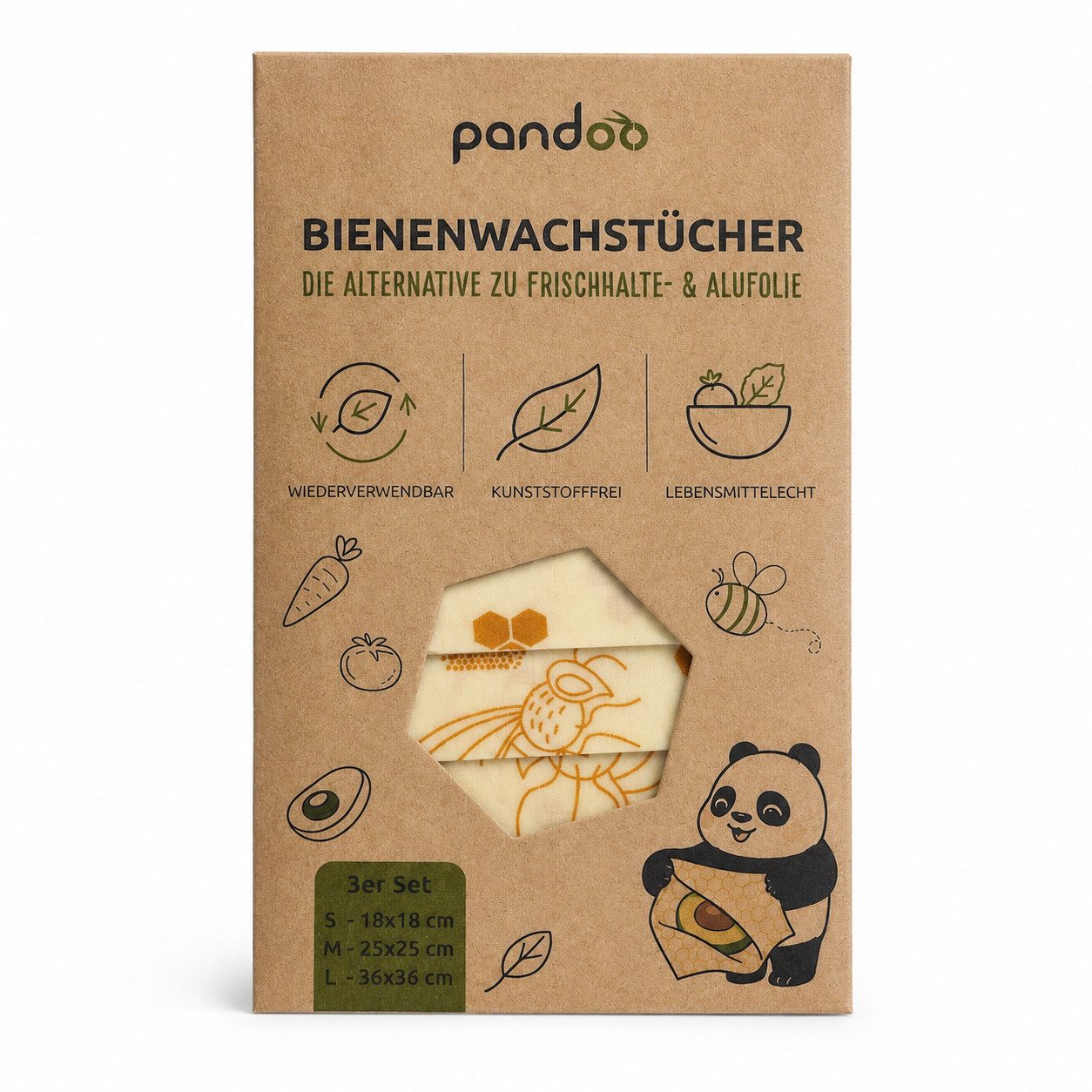 pandoo Bienenwachstücher Bienenwachstücher Starter Set (3 Größen), 3-tlg., wiederverwendbar, nachhaltig