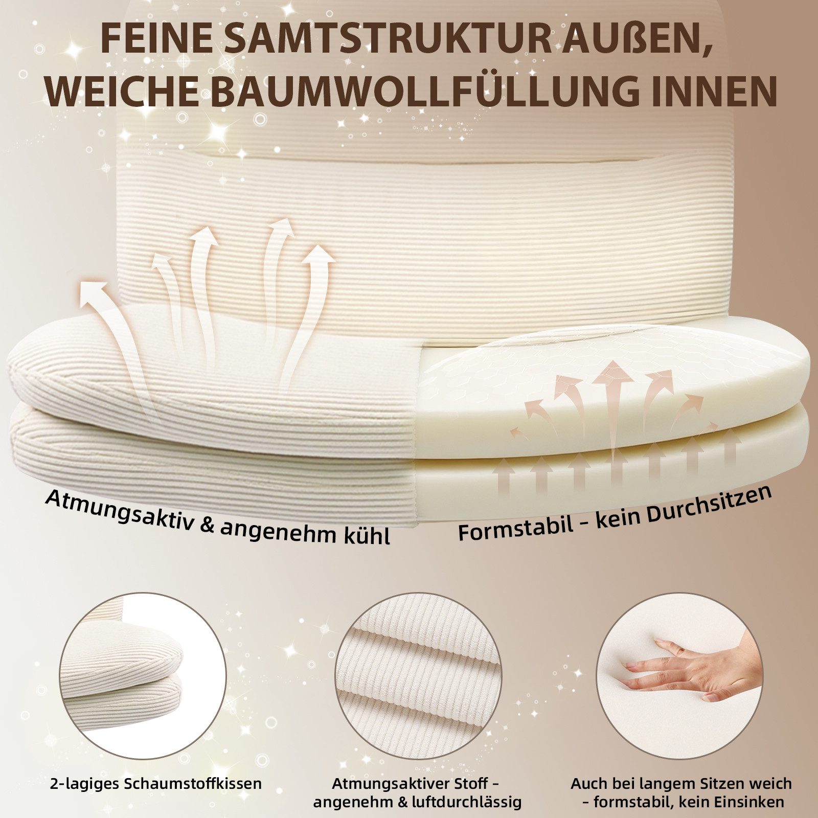 Durrafy Drehstuhl Bürostuhl aus Samt, Schminkstuhl ohne Armlehnen, mit Rollen (1er Set), für Schminktisch & Homeoffice, 360° drehbar, höhenverstellbar, 160 kg