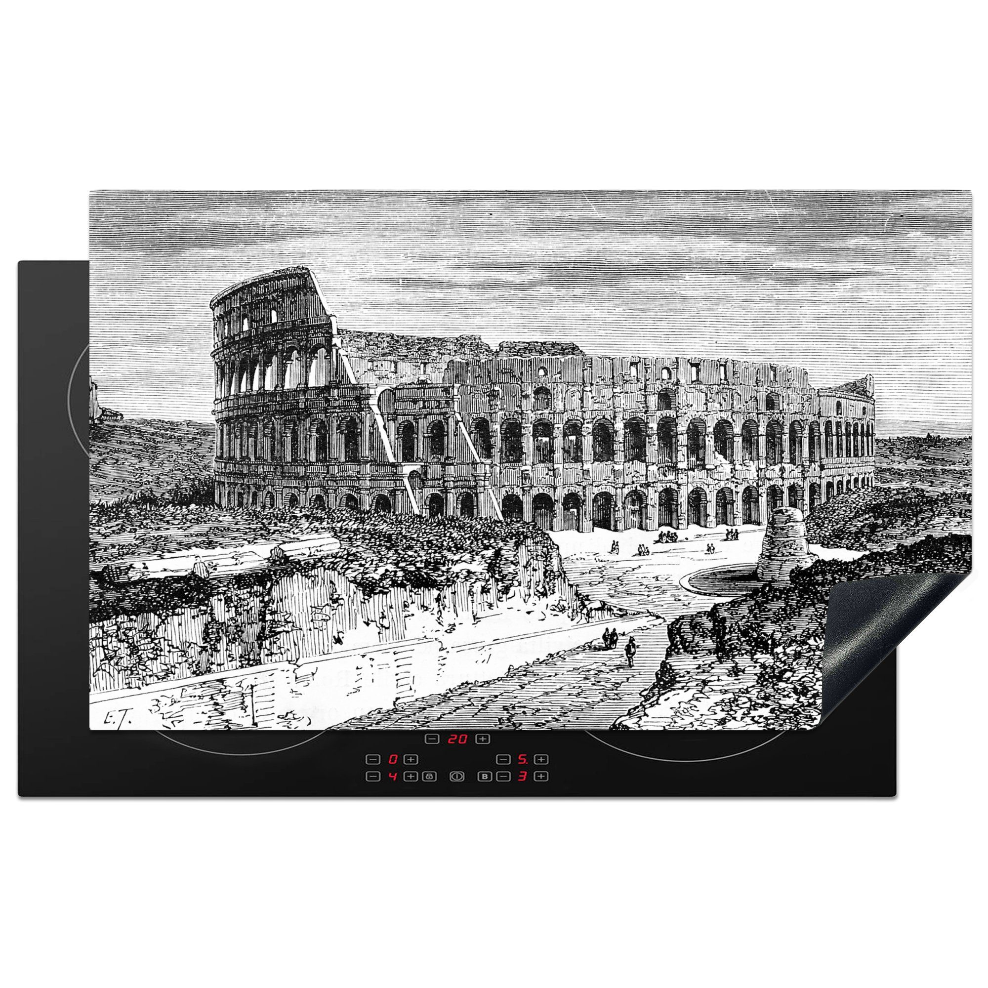 MuchoWow Herdblende-/Abdeckplatte Schwarz-Weiß-Abbildung des Kolosseums in Rom, Vinyl, (1 tlg), 83x51 cm, Ceranfeldabdeckung, Arbeitsplatte für küche