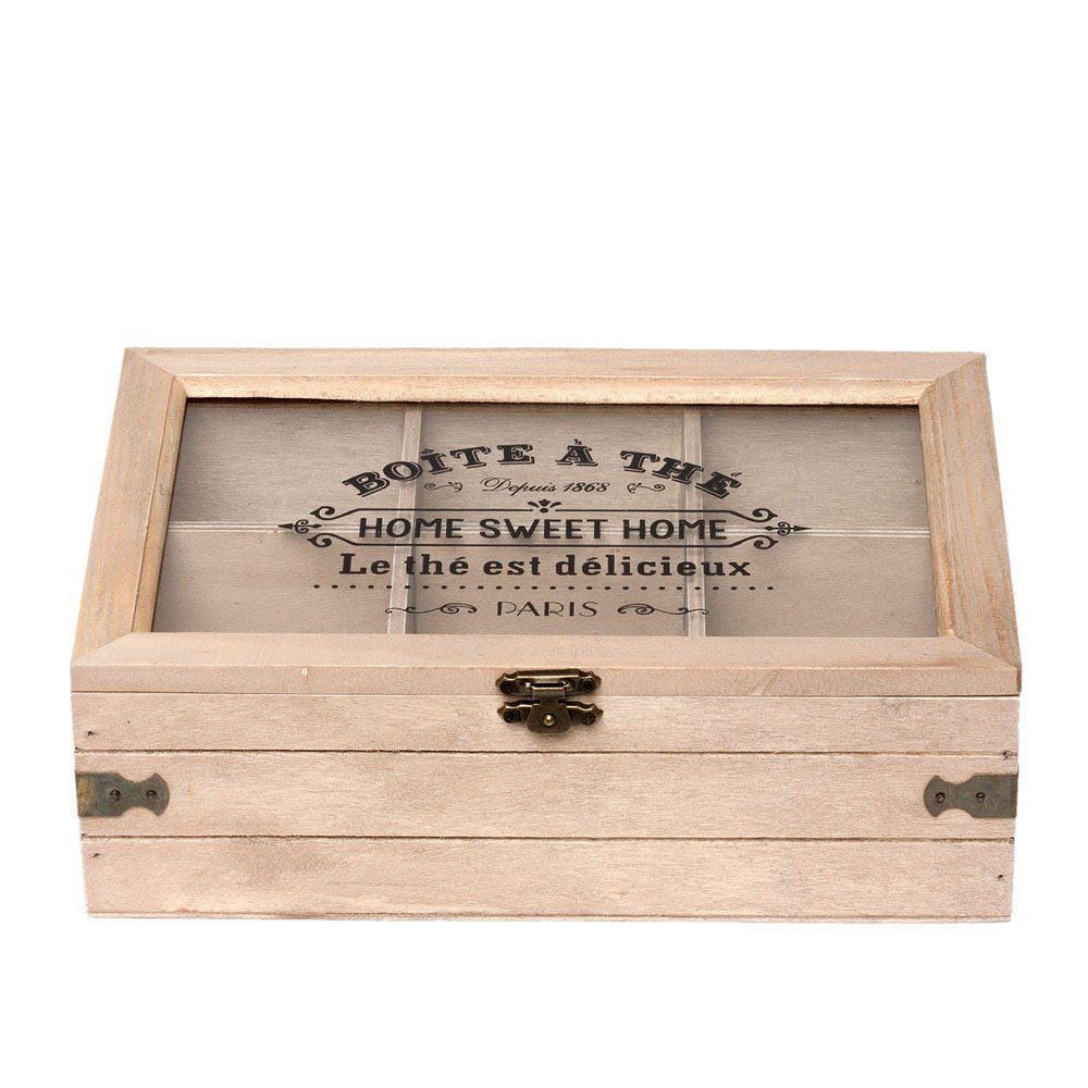 Clayre & Eef Teebox Teebox HOME SWEET HOME braun schwarz Klappbox aus Holz mit 6 Fächern