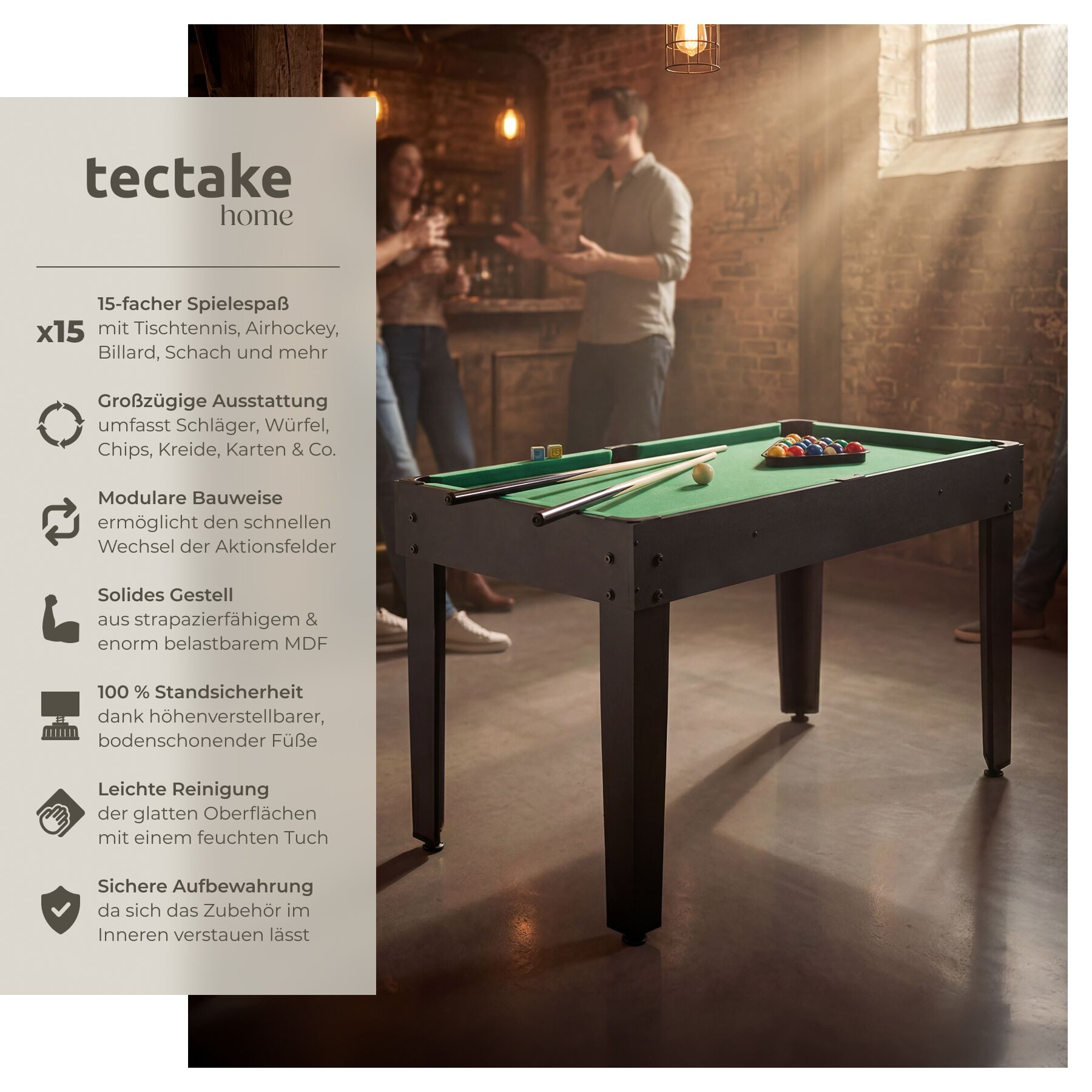 tectake Spieltisch Multigame-Tisch, umfangreiches Zubehörset, 125 x 123 x 83 cm, (Kombi-Spieltisch SirGameALot), 15in1, strapazierfähiges MDF, höhenverstellbare Füße