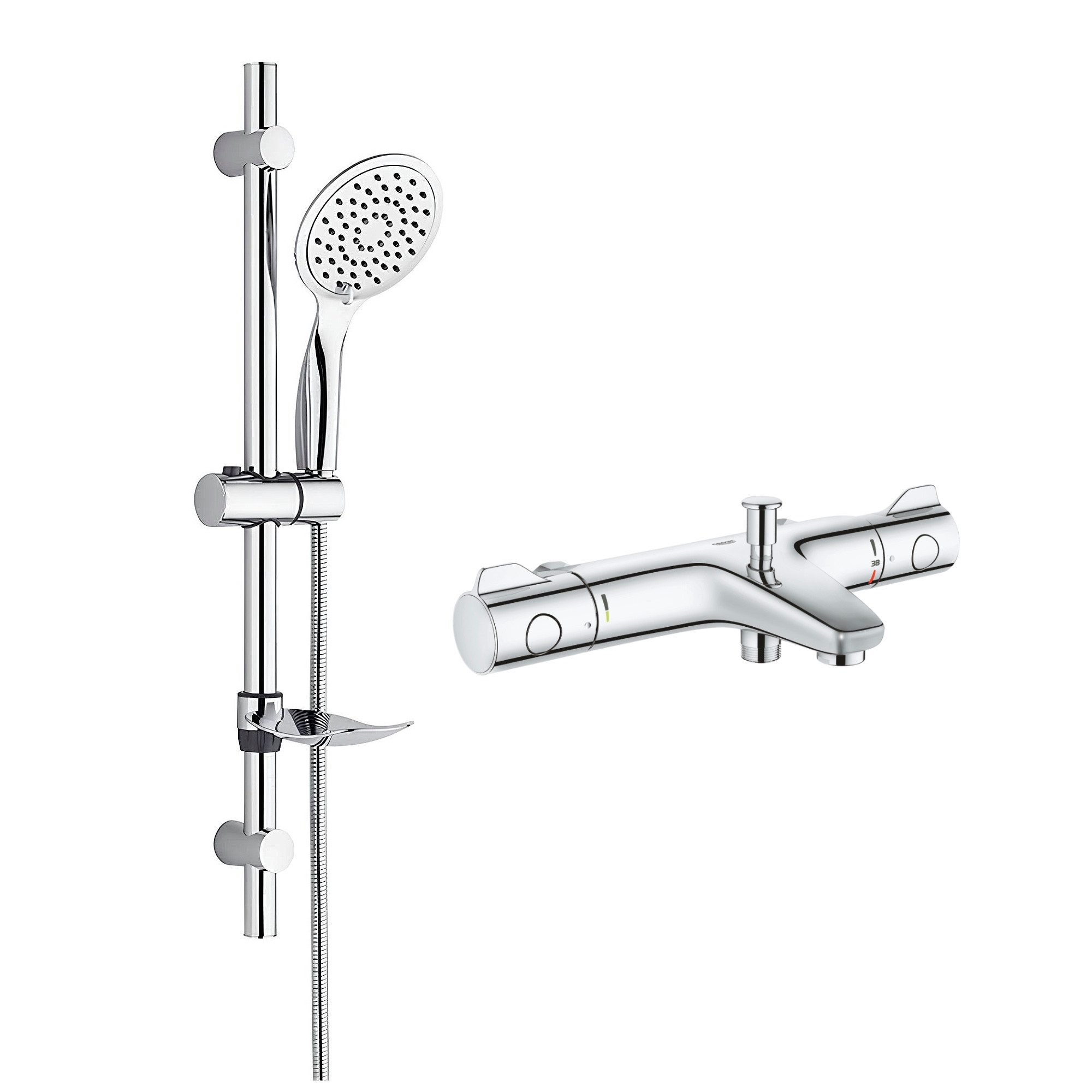 Grohe Duscharmatur Grohtherm 800 Set mit Thermostat Wannenarmatur chrom Duschset (Spar-Set) mit Slim Duschkopf 3 Strahlarten & Brauseschlauch, SafeStop bei 38°