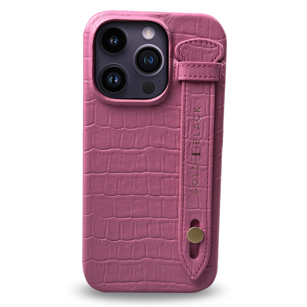 GOLDBLACK Handyhülle iPhone 14 Pro Slim Lederhülle Kroko-Prägung pink mit Fingerschlaufe
