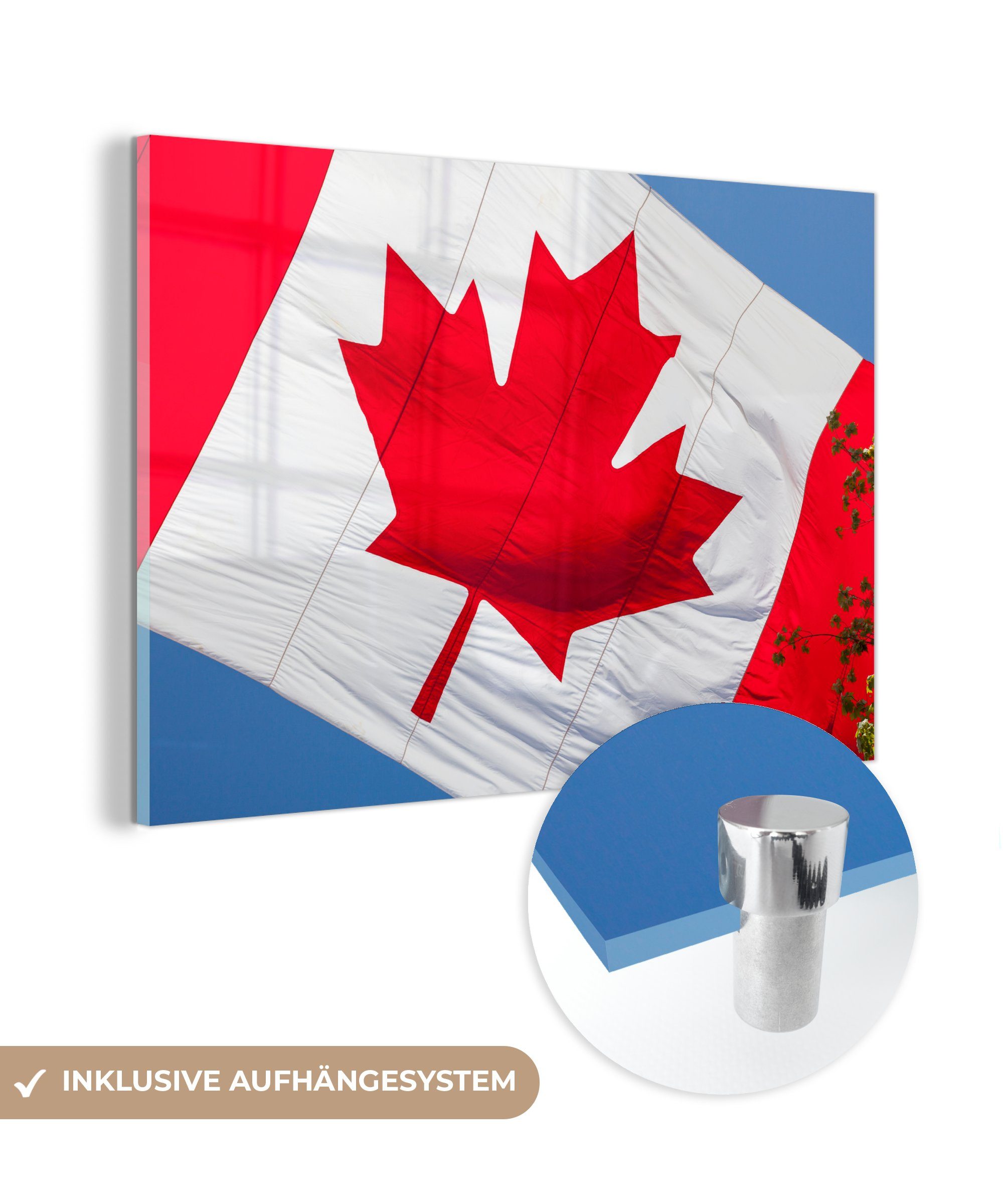 MuchoWow Acrylglasbild Riesige kanadische Flagge mit Baumzweigen, (1 St), Acrylglasbilder Wohnzimmer & Schlafzimmer