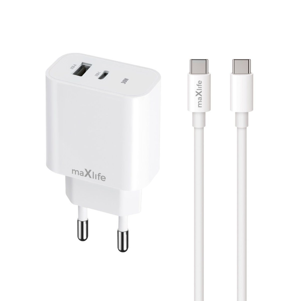 MaXlife Maxlife MXTC-06-30AC PD QC Ladegerät 1x USB-C 1x USB 30W weiß + USB-C Smartphone-Ladegerät