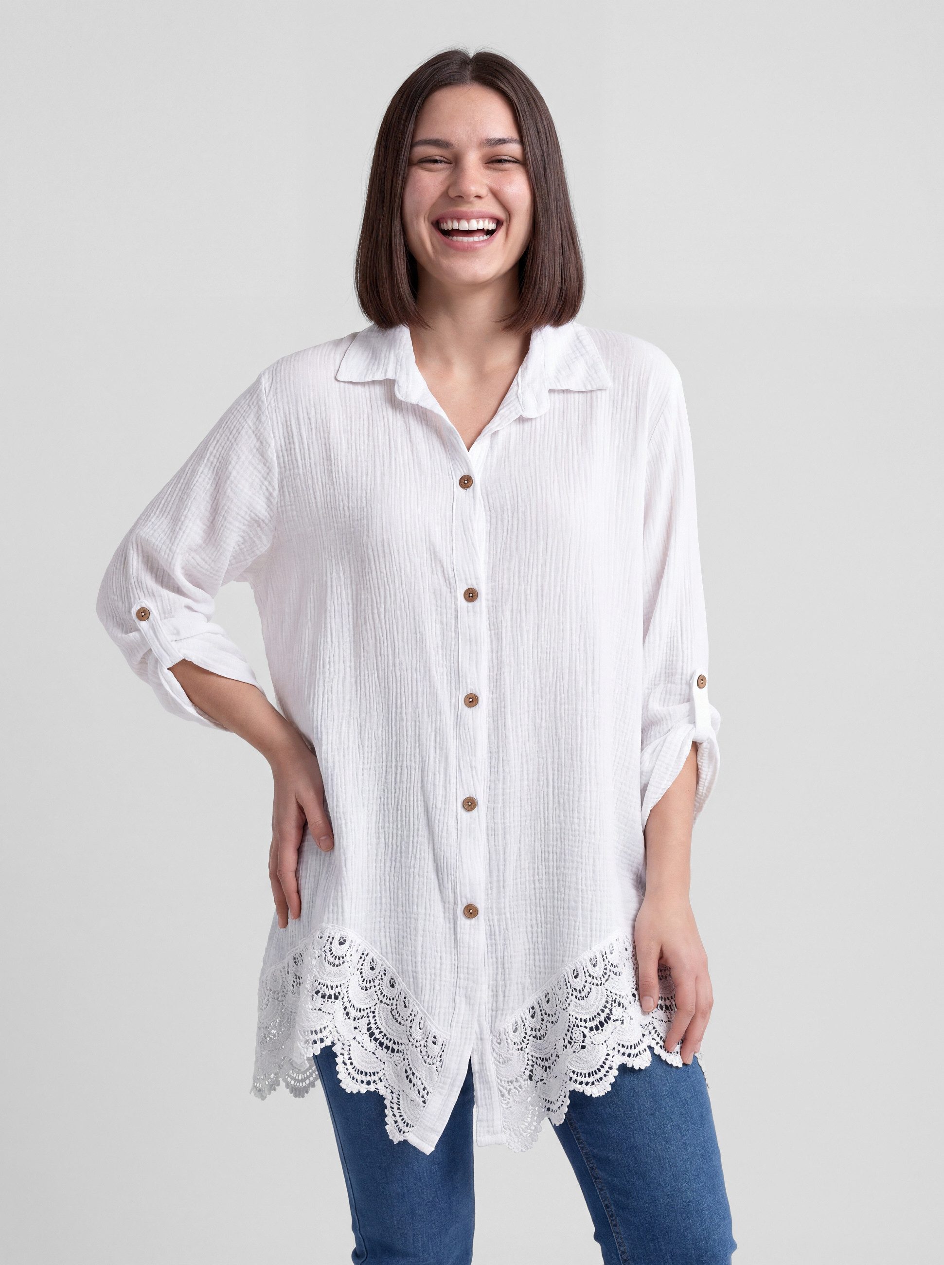 PEKIVESSA Longbluse Oversized Musselin Longbluse mit Häkelspitze am Saum