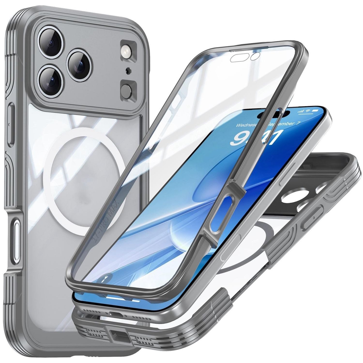 Wigento Handyhülle Für Apple iPhone 17 Pro Max MagSafe Full Hybrid Tasche Bumper Grau, Full Body, MagSafe-Unterstützung, präzise Passform