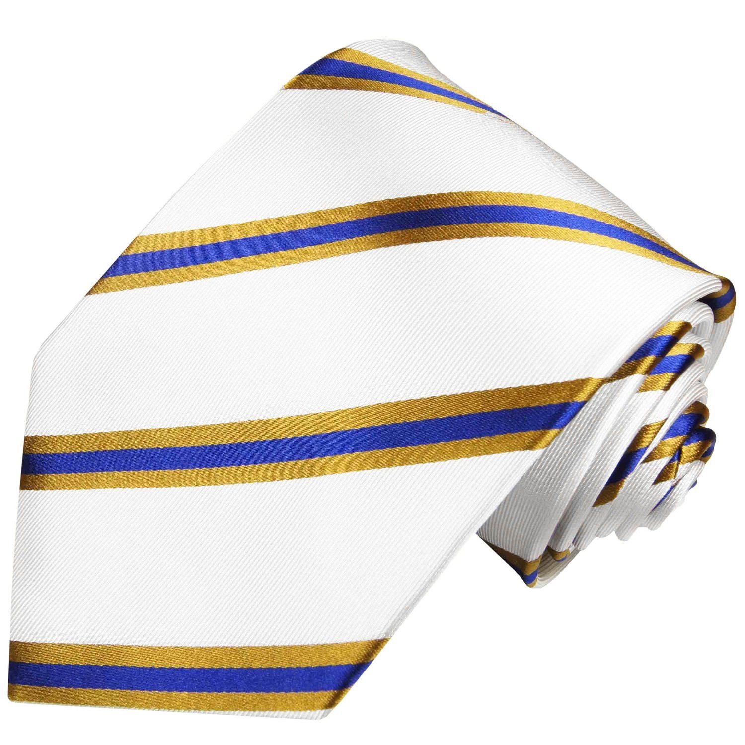 Paul Malone Krawatte Moderne Herren Seidenkrawatte gestreift 100% Seide Breit (8cm), blau weiß gold 782