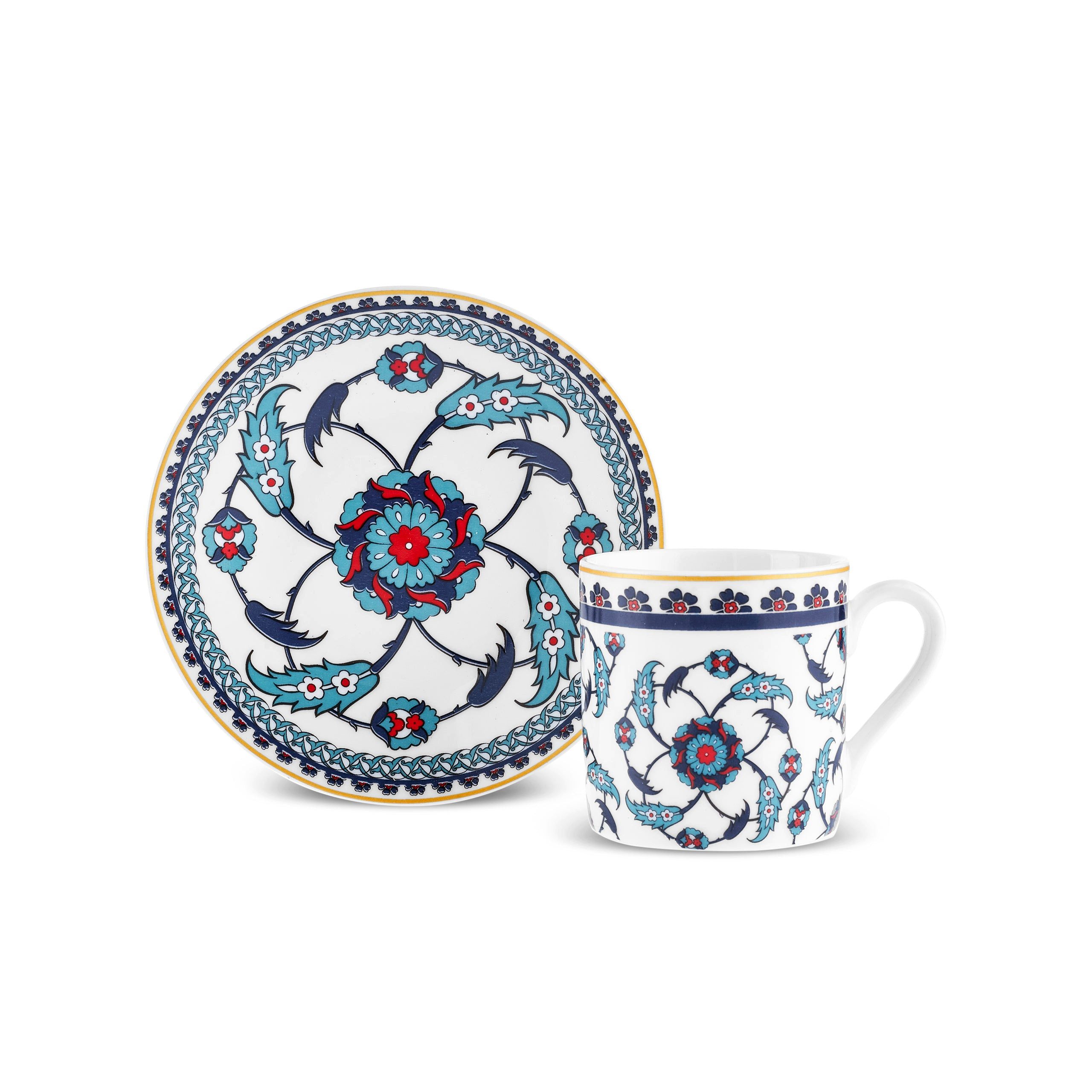 Karaca Teeservice Karaca Rumi New Bone Kaffeetasse mit Untertasse Set 6 Personen, Blau