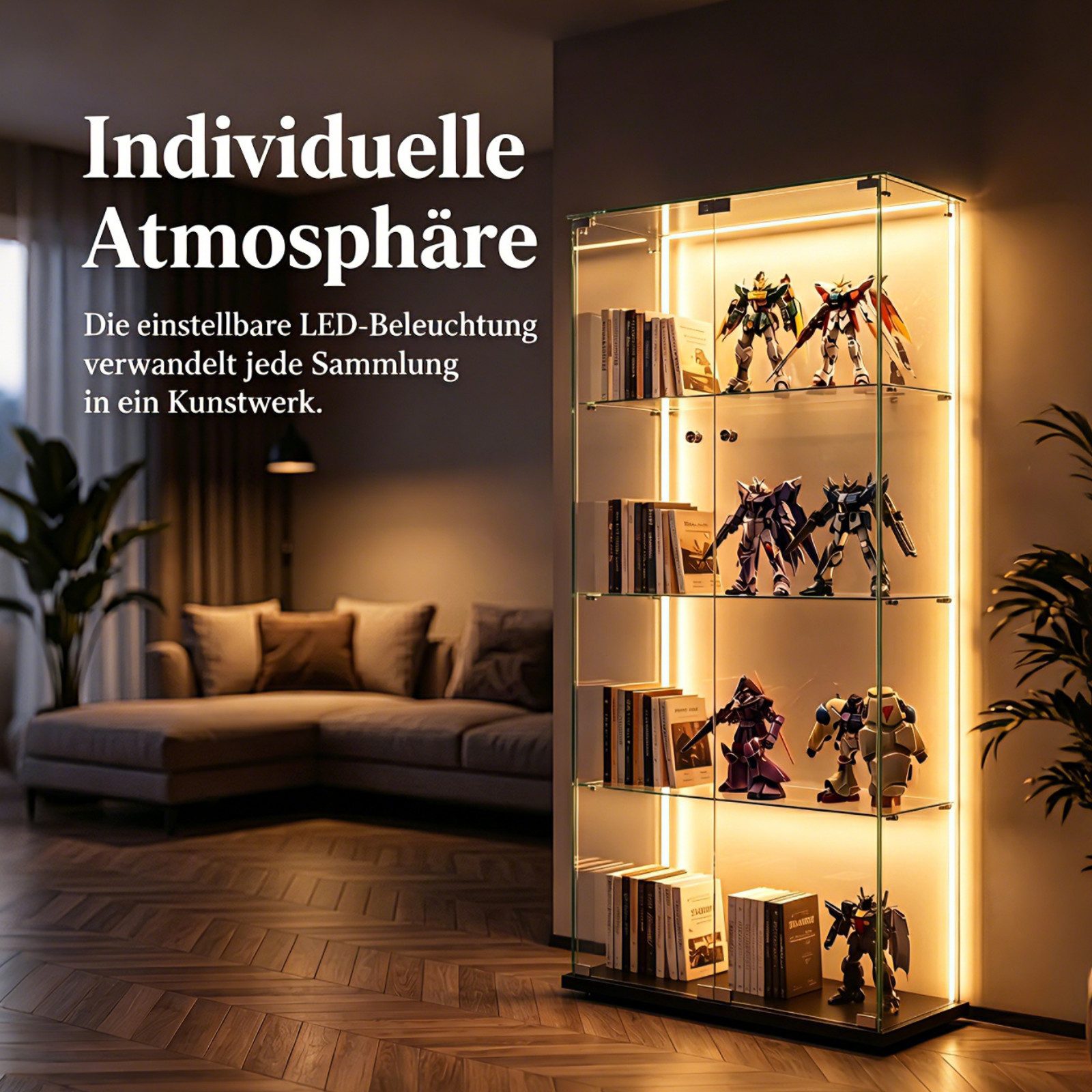 Simurq Glasvitrine Standvitrinen mit LED Beleuchtung Vitrinenschrank mit Glastür (glas vitrine mit 2 Glastür und 4 Lagen,Schloss,Kippsicherung) Sammlervitrine aus gehärtetes Glas,Modernes rahmenloses Design