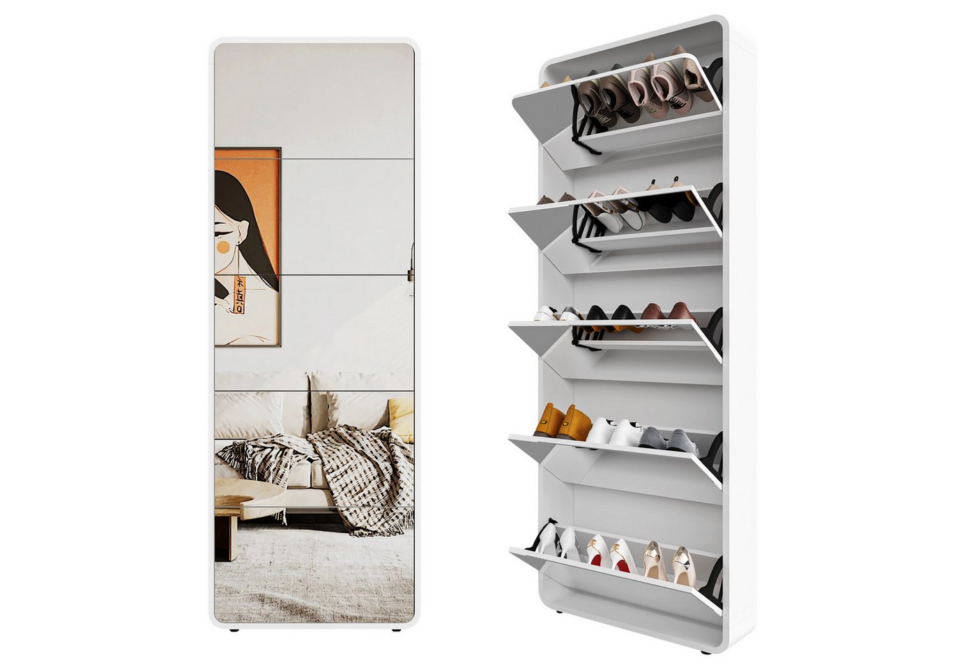 MC Star Schuhschrank Verspiegelter Schuhregalschrank mit 5 Klappschubladen (verspiegelter Schuhschrank, freistehender Klappschuhschrank, Eingang, weiß)