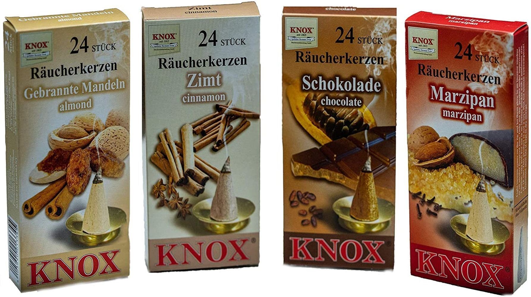 KNOX Räucherkegel 4er Set Räucherkerzen Marzipan, Gebrannte Mandel, Zimt, Schokolade