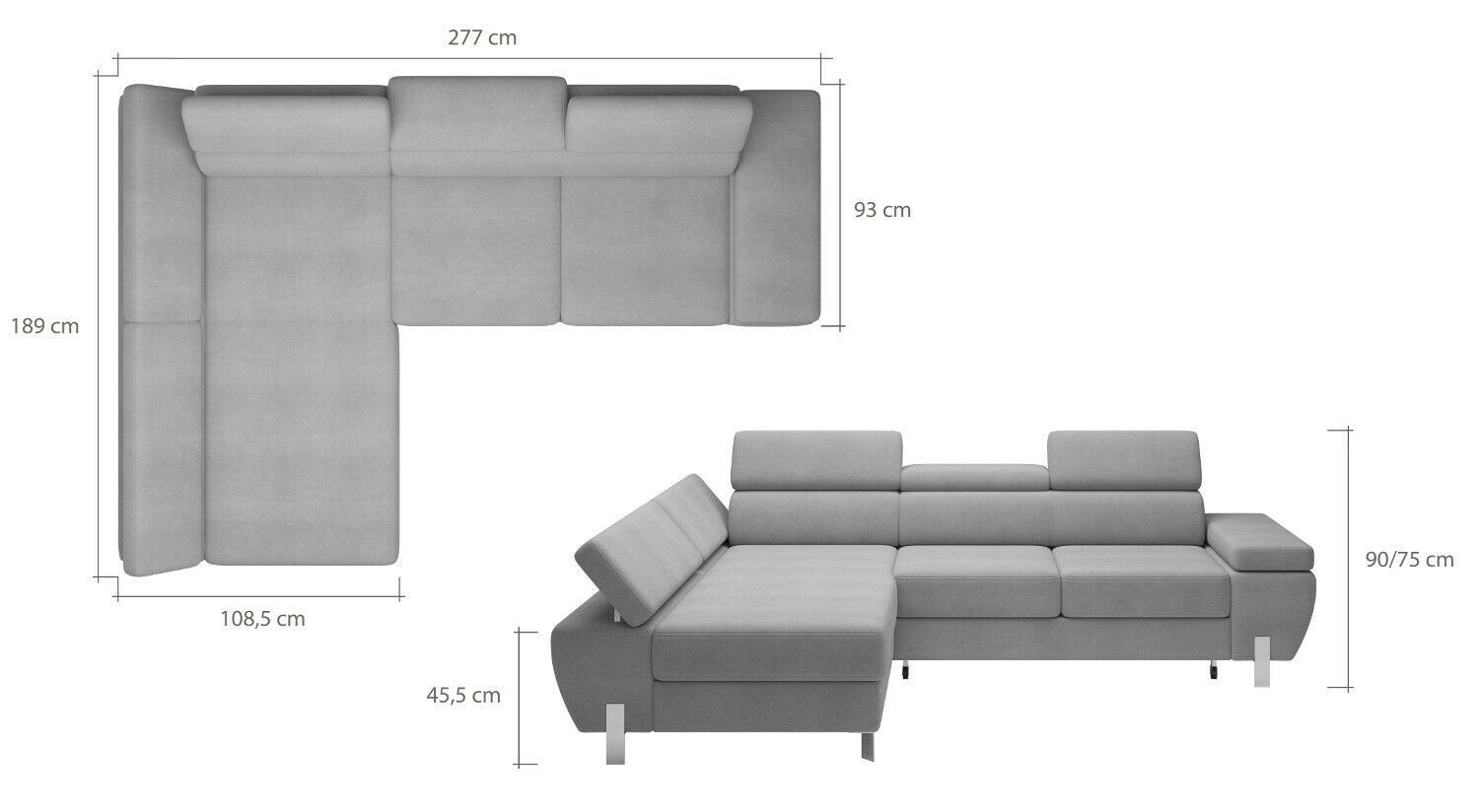 Design Couch Bettfunktion Ecksofa Schlafsofa Grau L-form Ecksofa Bettfunktion Sofas, Mit Textil JVmoebel