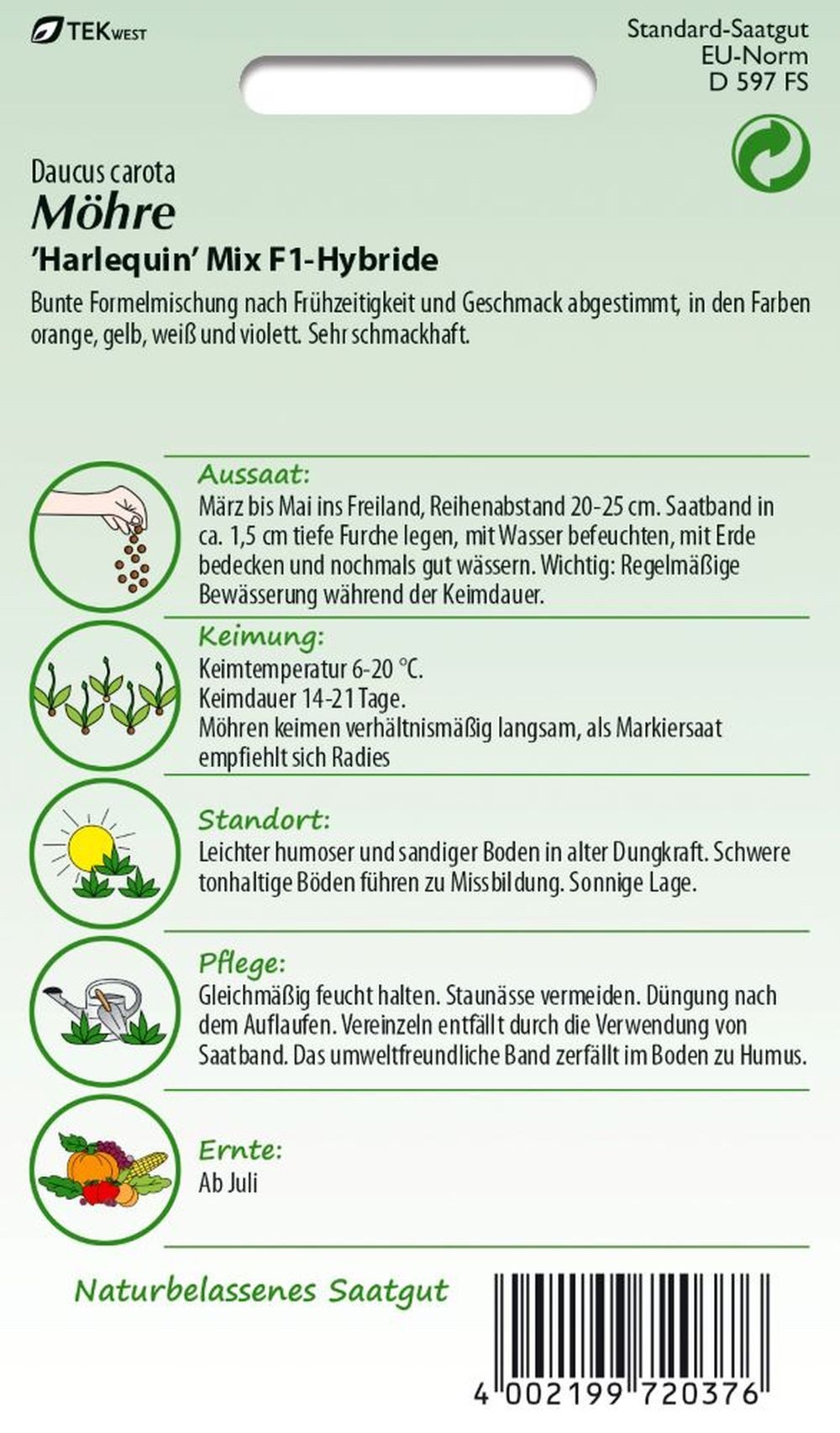 SAMEN PFANN Gemüsesamen Möhre, Harlequin Mix F1, Saatband - Möhren-Samen Saatgut Samen, Daucus carota