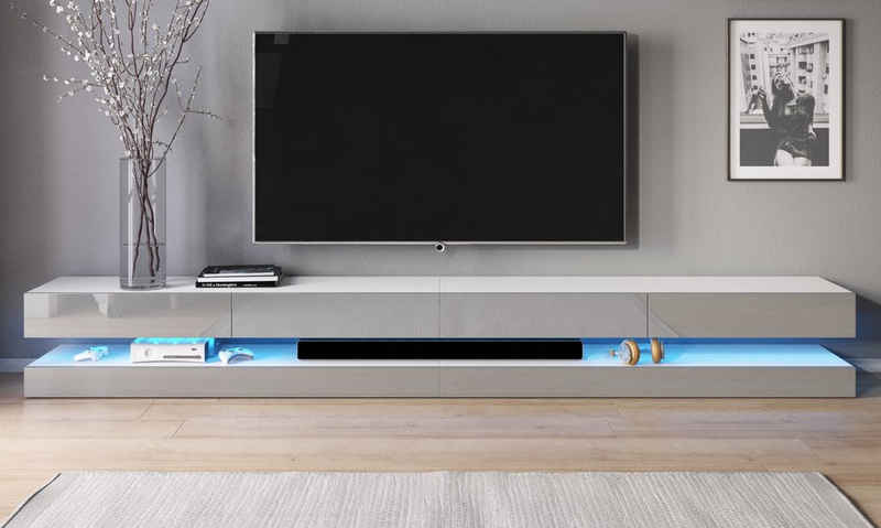 GuenstigEinrichten Lowboard Bird (TV Unterschrank XXL, grau Hochglanz und weiß), Breite 280 cm, inklusive Beleuchtung