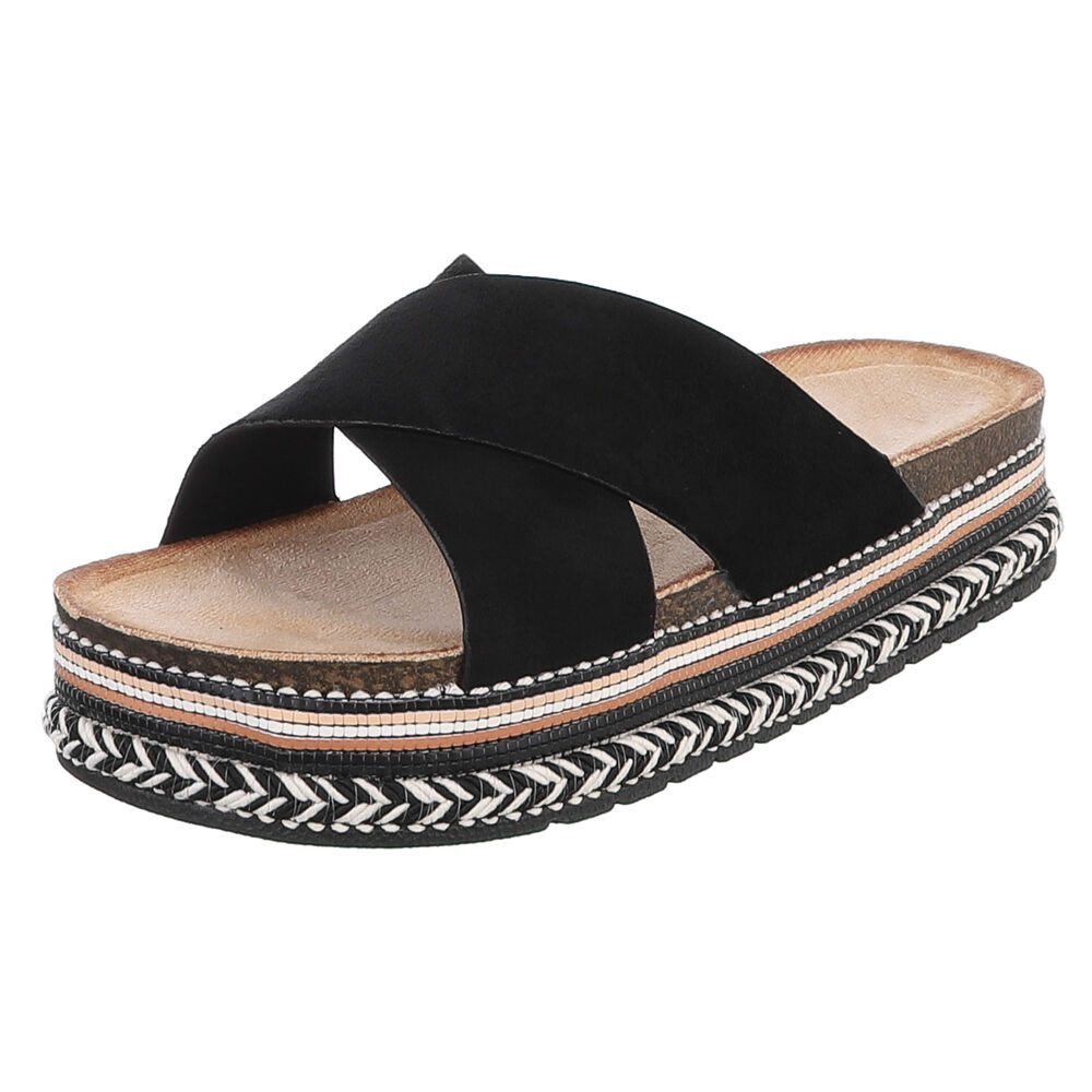 Ital-Design Damen Plateau-Pantolette mit Kreuzbanddesign Plateausandaletten (91895584) Flach Pantoletten in Schwarz