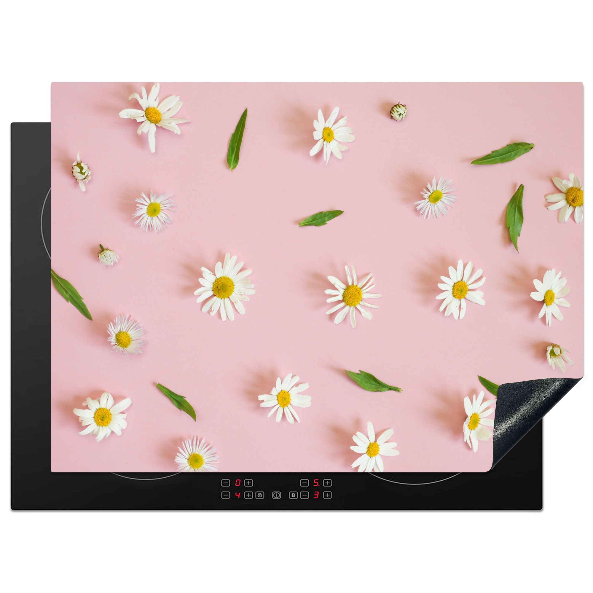 MuchoWow Herdblende-/Abdeckplatte Gänseblümchen auf rosa Hintergrund, Vinyl, (1 tlg), 70x52 cm, Mobile Arbeitsfläche nutzbar, Ceranfeldabdeckung