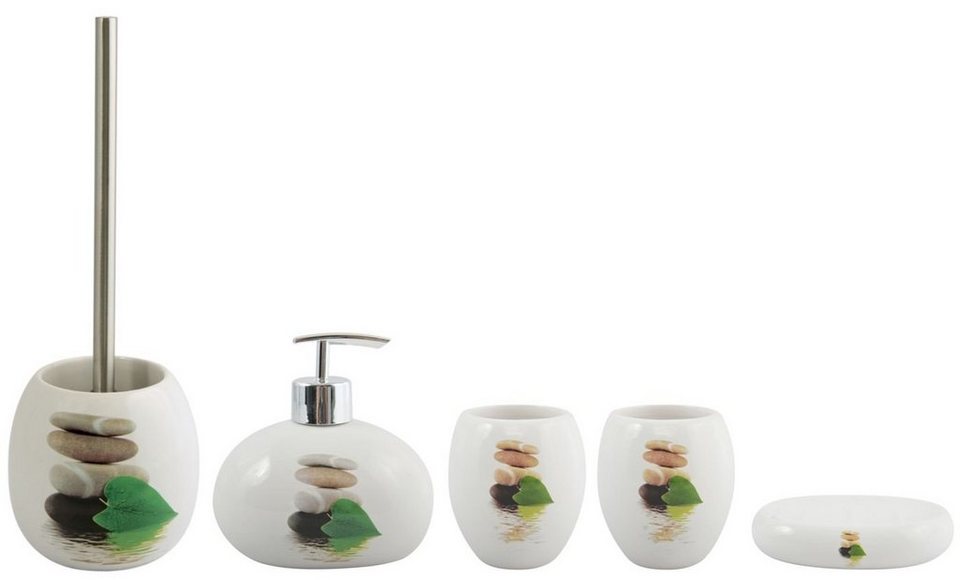 MSV Badaccessoires-Sets LINGGA, Zubehör-Set aus hochwertiger Keramik, weiß,  attraktives Zen-Motiv, 5 tlg., bestehend aus: WC-Bürste, Seifenspender, 2x  Zahnputzbecher, Seifenschale