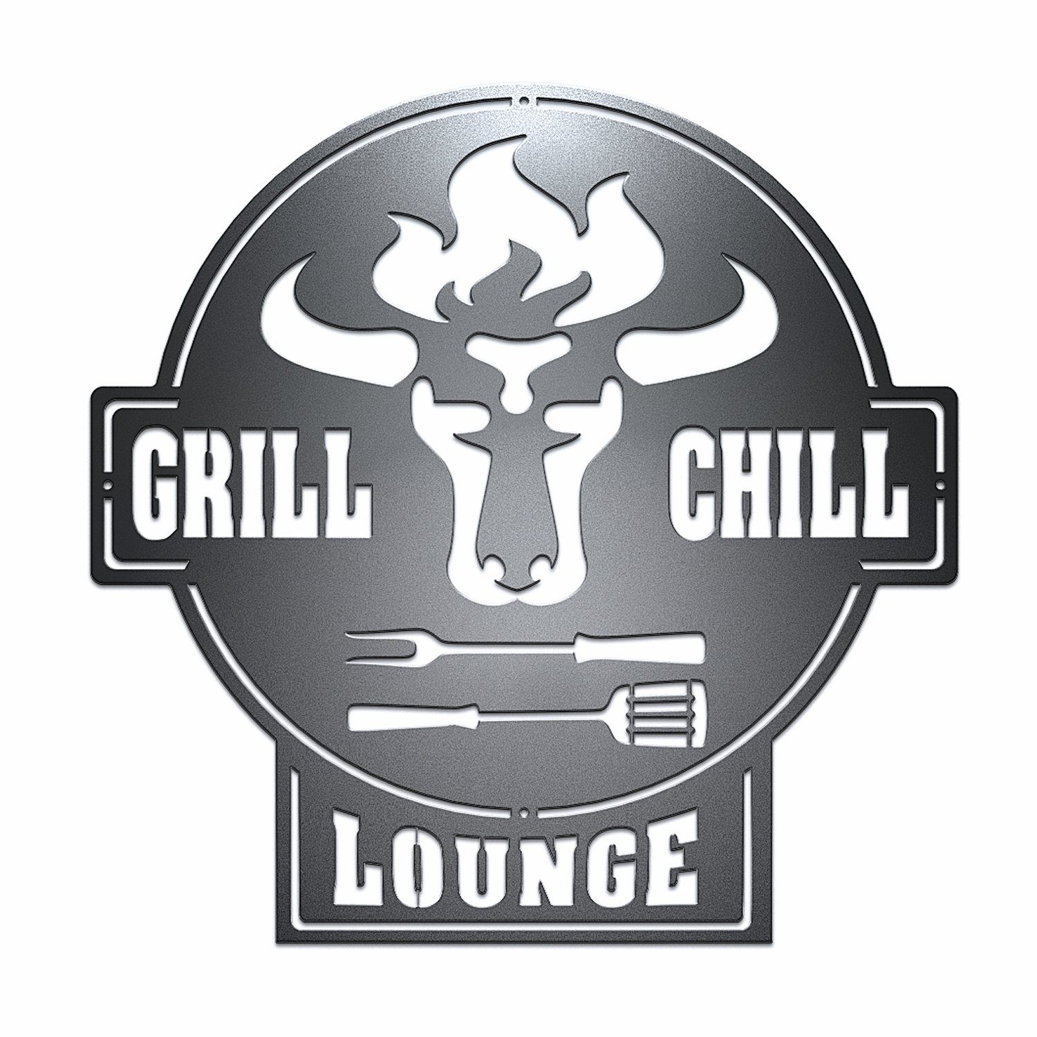 tuning-art Wanddekoobjekt GC01-B Grill Schild Bulle + Grill & Chill Lounge Stahl Schwarz Lounge Schwarz