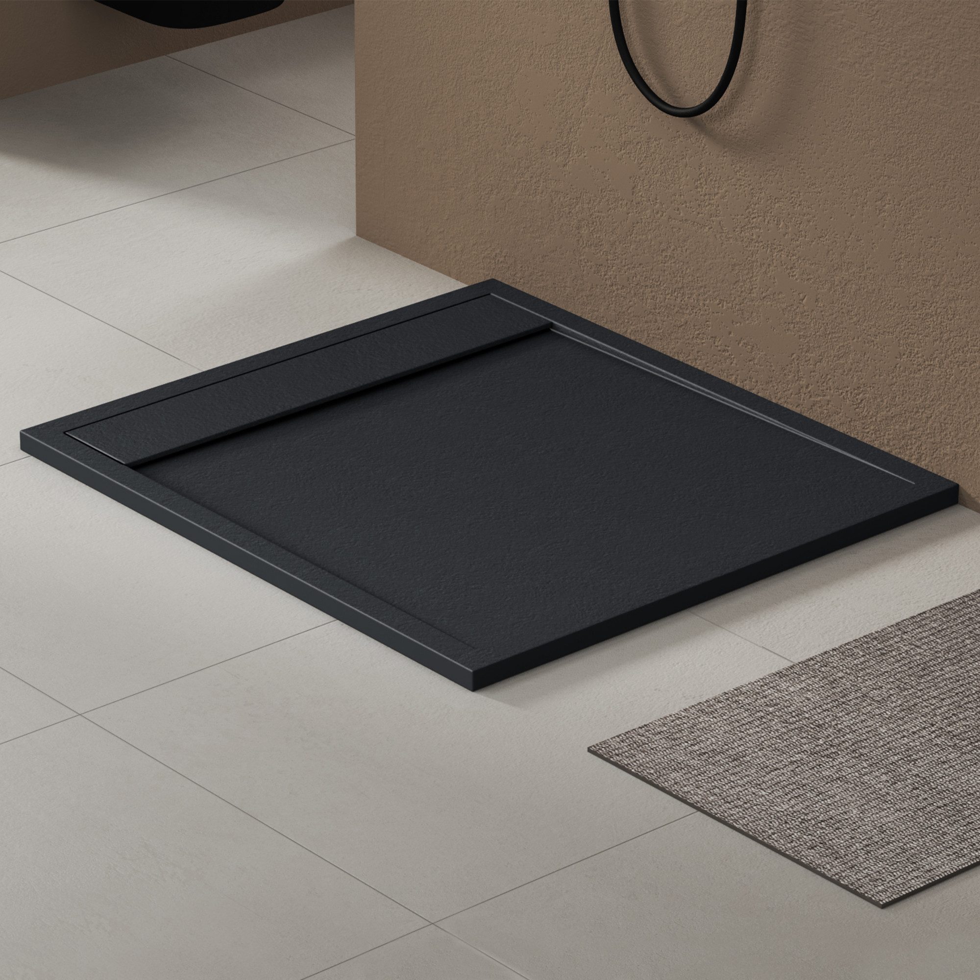 doporro Duschwanne Duschtasse aus Mineral DIN-Anschlüsse Boden Montage geeignet Geoma10, Rechteckig, Mineralguss