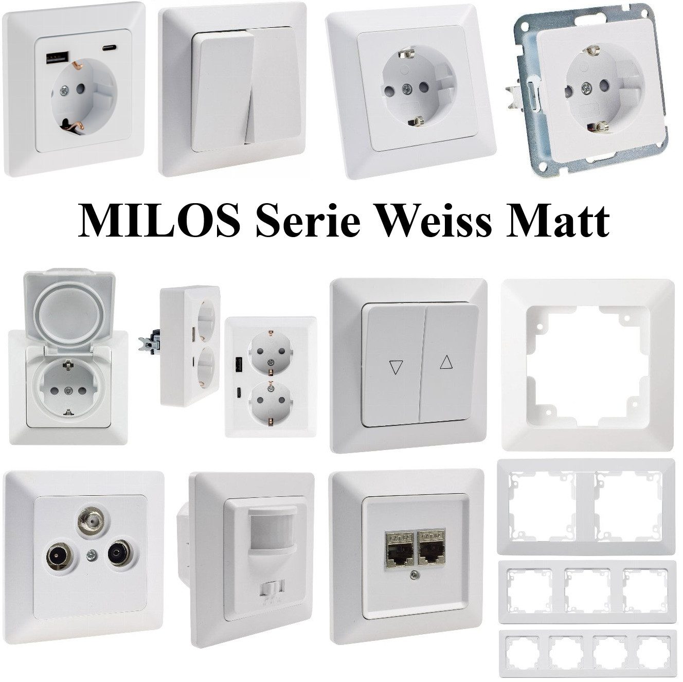 ChiliTec Unterputz-Steckdose MILOS Serie weiss matt Rahmen, Taster, Dosen