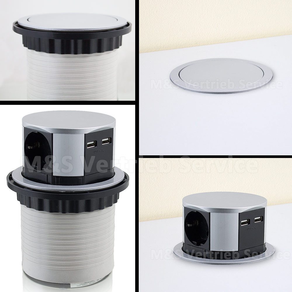 Bituxx Steckdosenturm 3-fach, 2 USB Einbau-Tischsteckdose