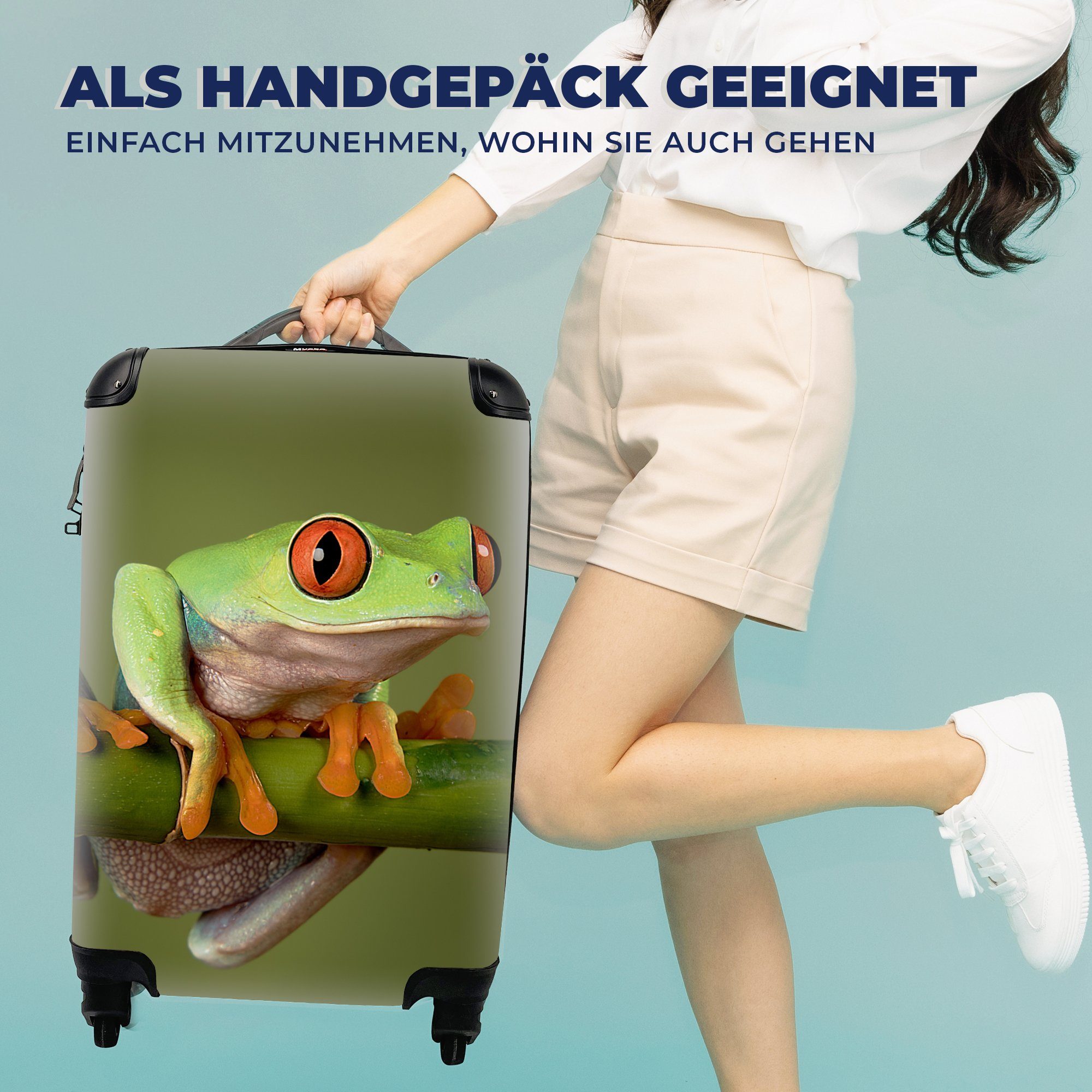 Trolley, Reisetasche Ferien, rollen, - Handgepäck Frosch 4 für Reisekoffer MuchoWow Handgepäckkoffer mit Zweig, Rollen, Grün -