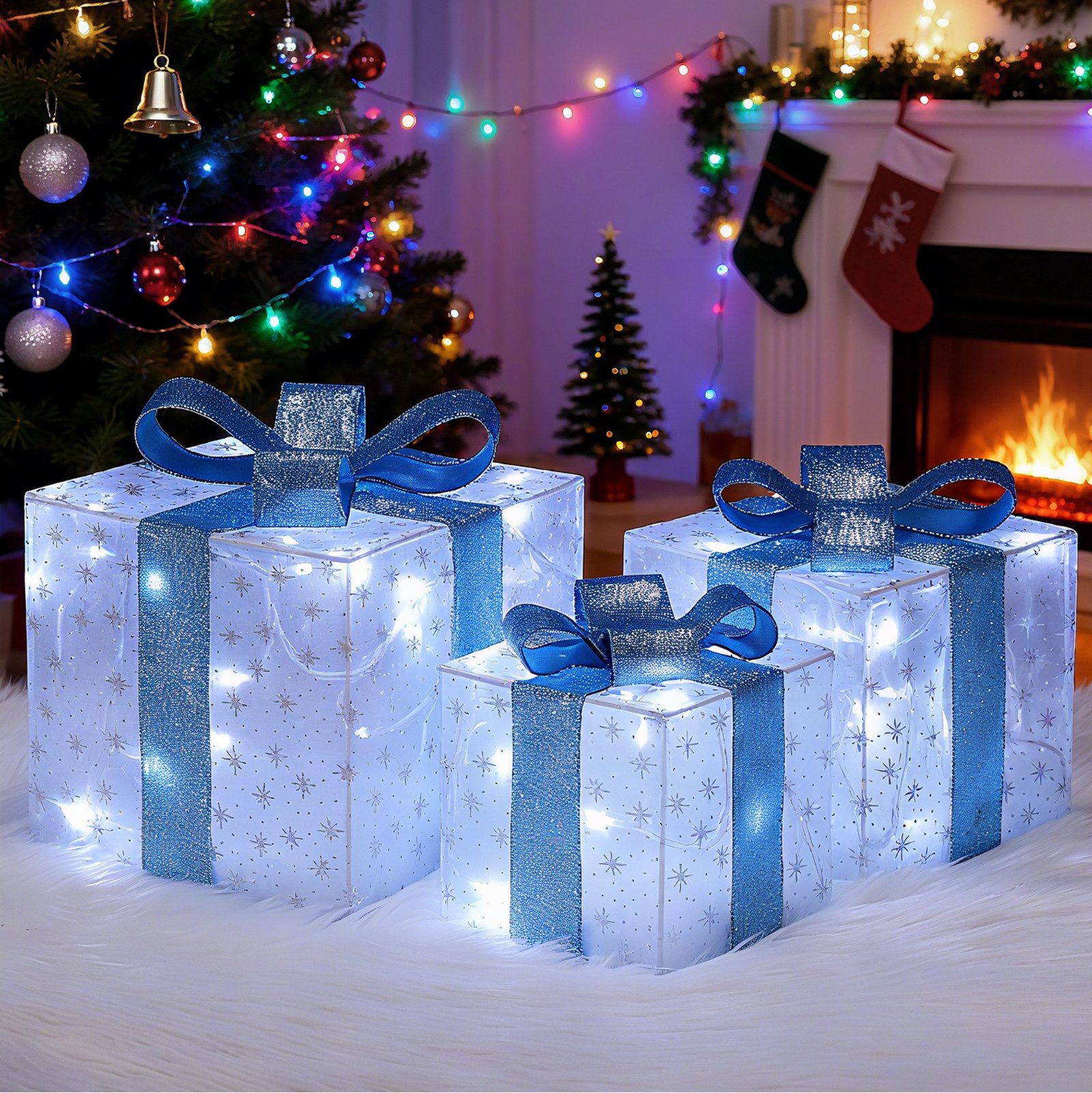 Elegear LED Dekolicht 3er-Set LED Geschenkbox Weihnachten mit 60/117/140 LEDs, LED wechselbar, Tageslichtweiß, Warmweiß, Kaltweiß, Sternenmuster & blauer Schleife, 60 LEDs, 8 Modi & Timer, für Innen