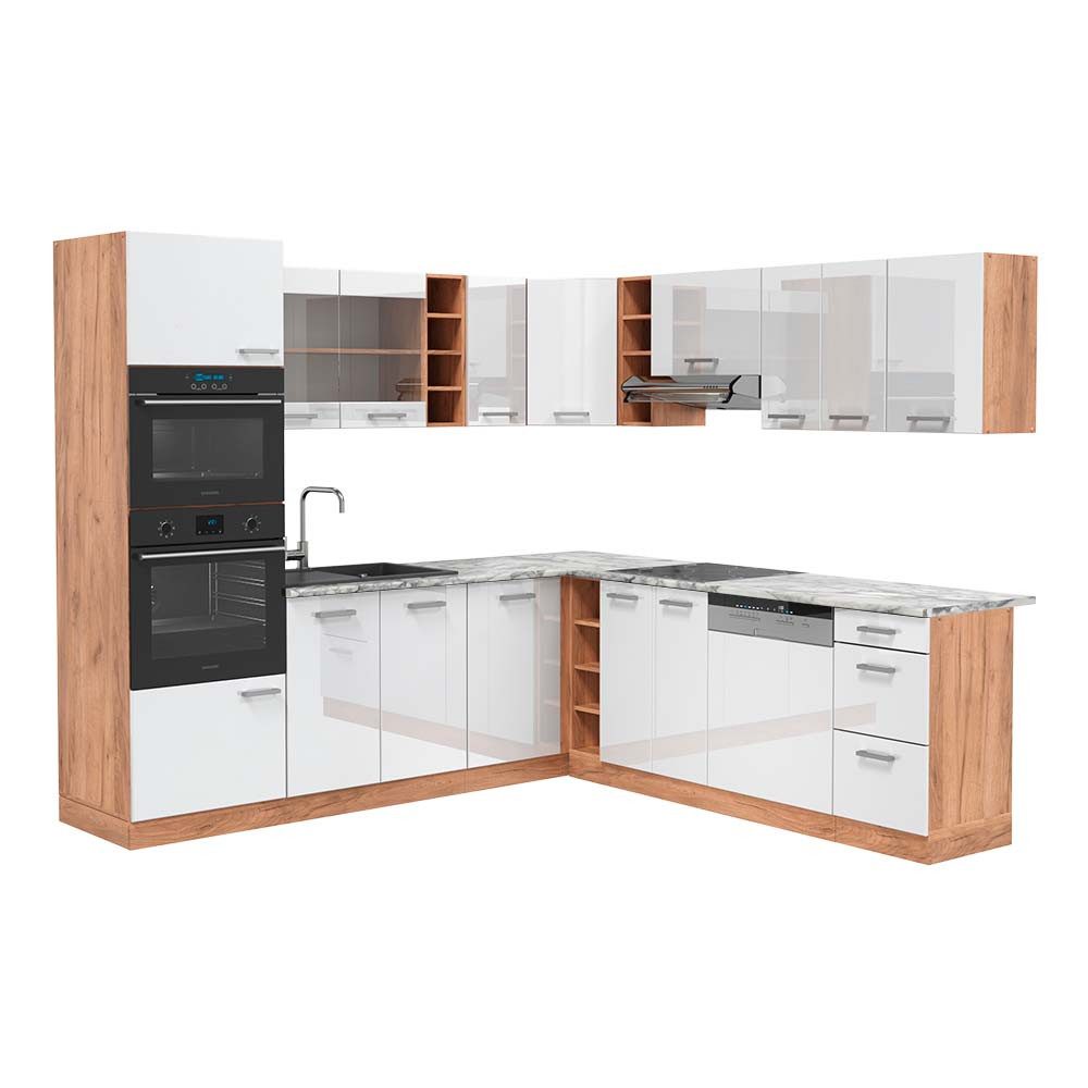 Vicco Winkelküche R-Line, Weiß Hochglanz/Goldkraft Eiche, günstig online kaufen