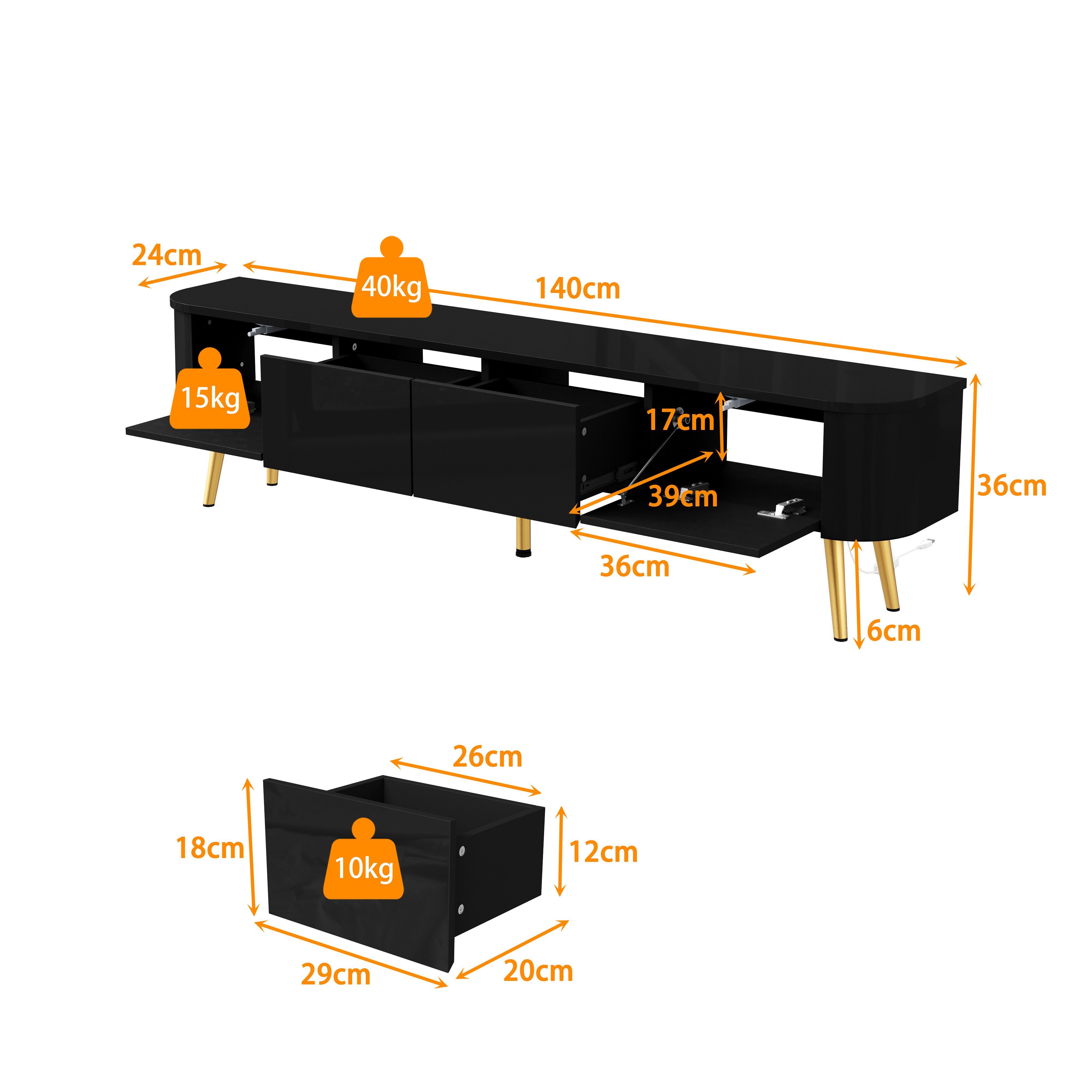 FUFU&GAGA Lowboard 140-200cm TV-Board Hochglanz LED, Weiß/Schwarz, ausziehbar – Bild 4 von 5