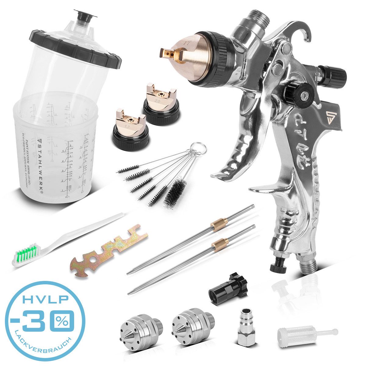 STAHLWERK Ausblaspistole HVLP Lackierpistole SG-250 ST mit 1,4, 1,7, 2,0 mm, Paket, 11-tlg., Set, liegt gut in der Hand und bietet optimalen Arbeitskomfort