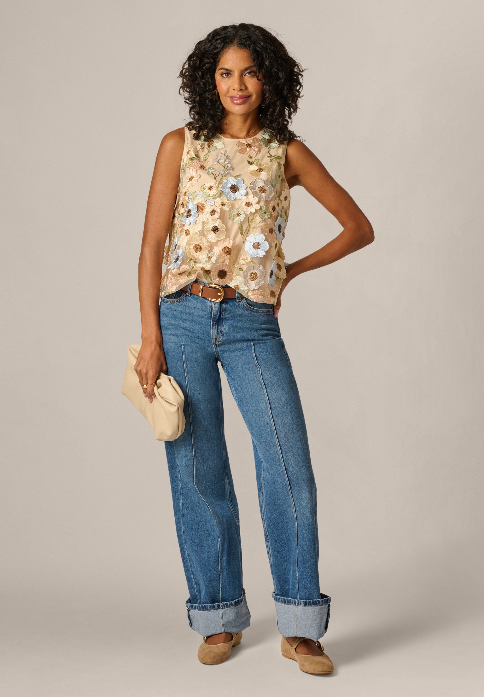 Adrianna Papell Kurzarmbluse Sleeveless Floral Blouse Frisches und farbenfrohes, besticktes Tanktop