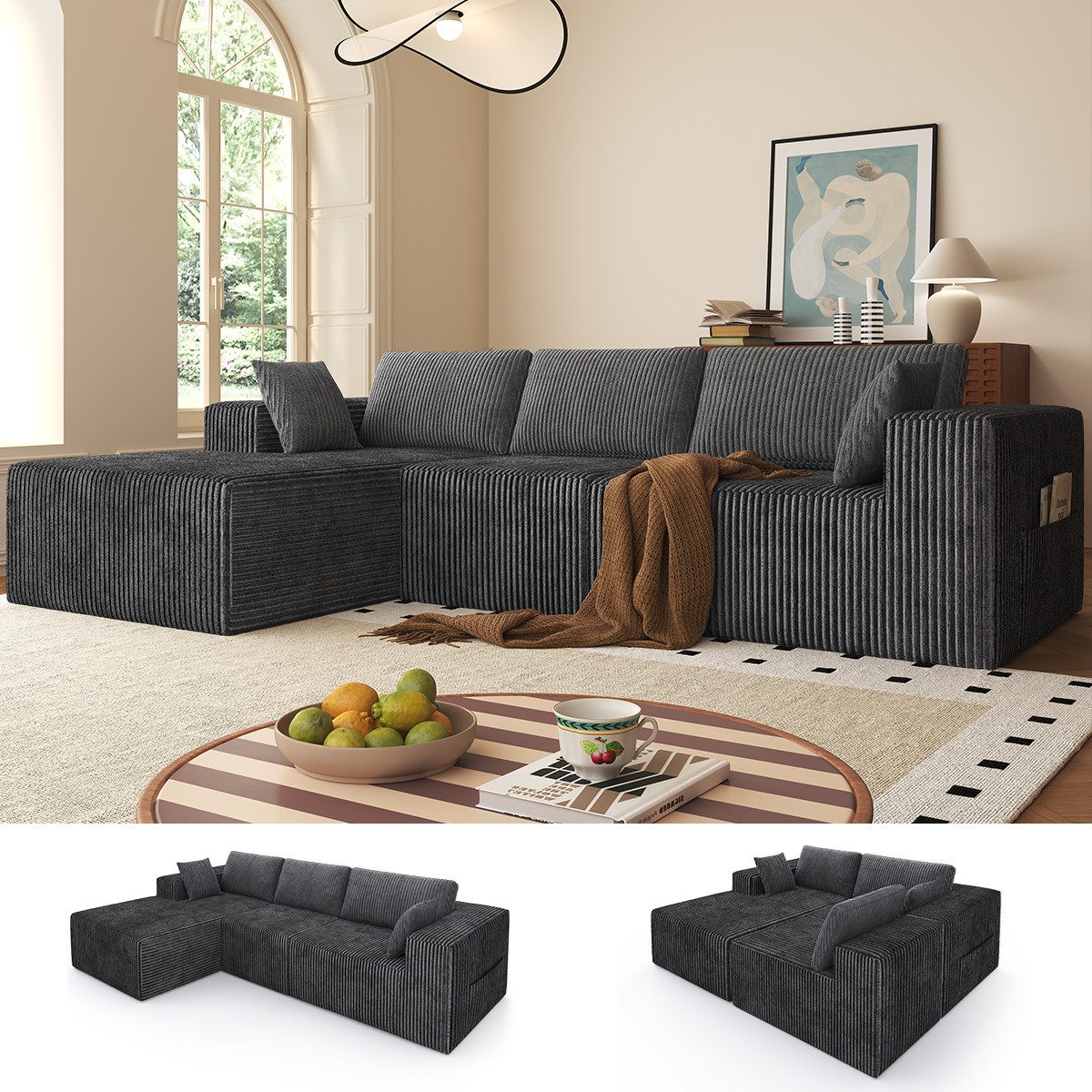 Mihtrov Ecksofa mit Schlaffunktion, Corduroy Modulares günstig online kaufen