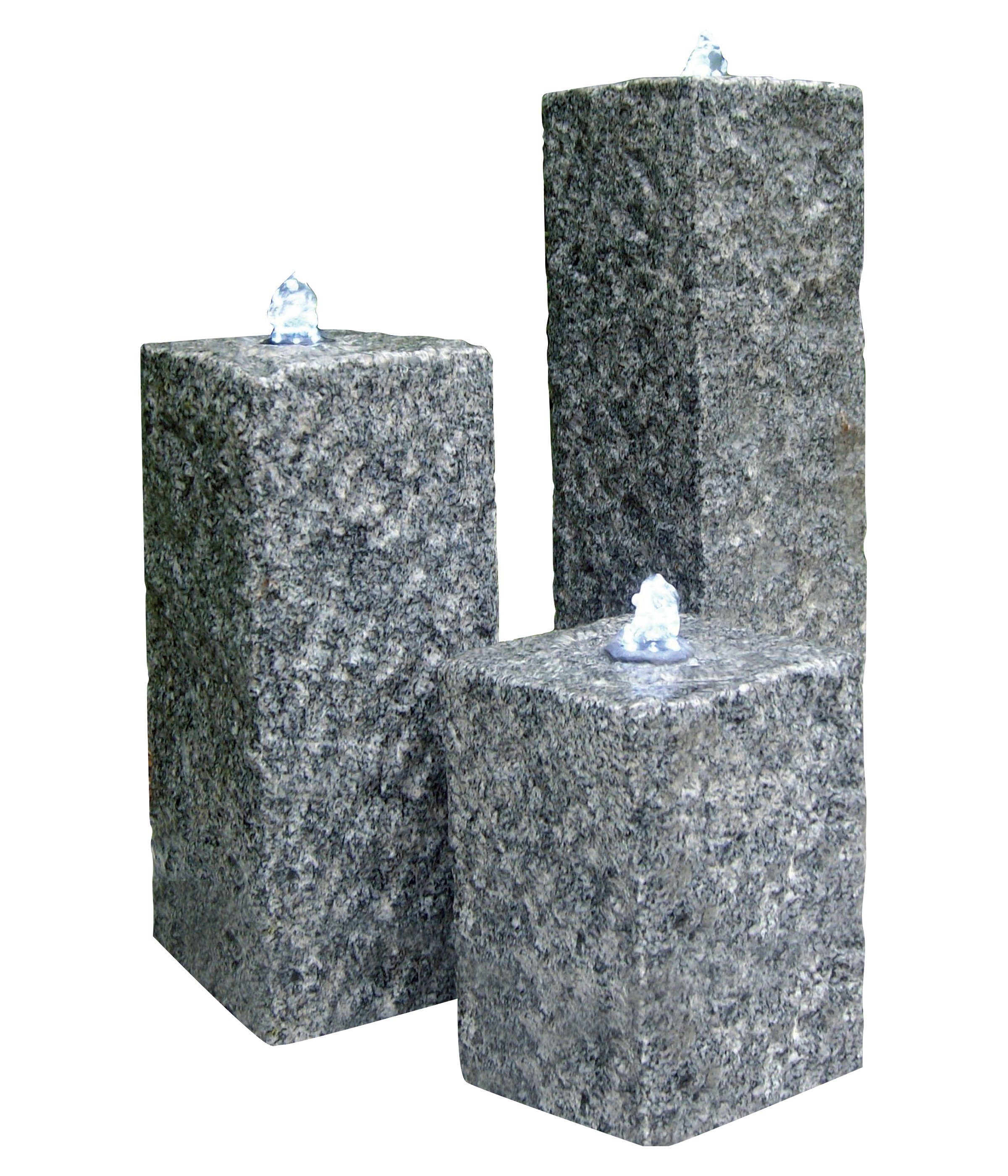Dehner Gartenbrunnen Nizza mit LED, 25/35/45 x 14 x 14 cm, Granit, grau, Wasserspiel aus 3 Granitsäulen inkl. Pumpe, LED-Beleuchtung und Becken