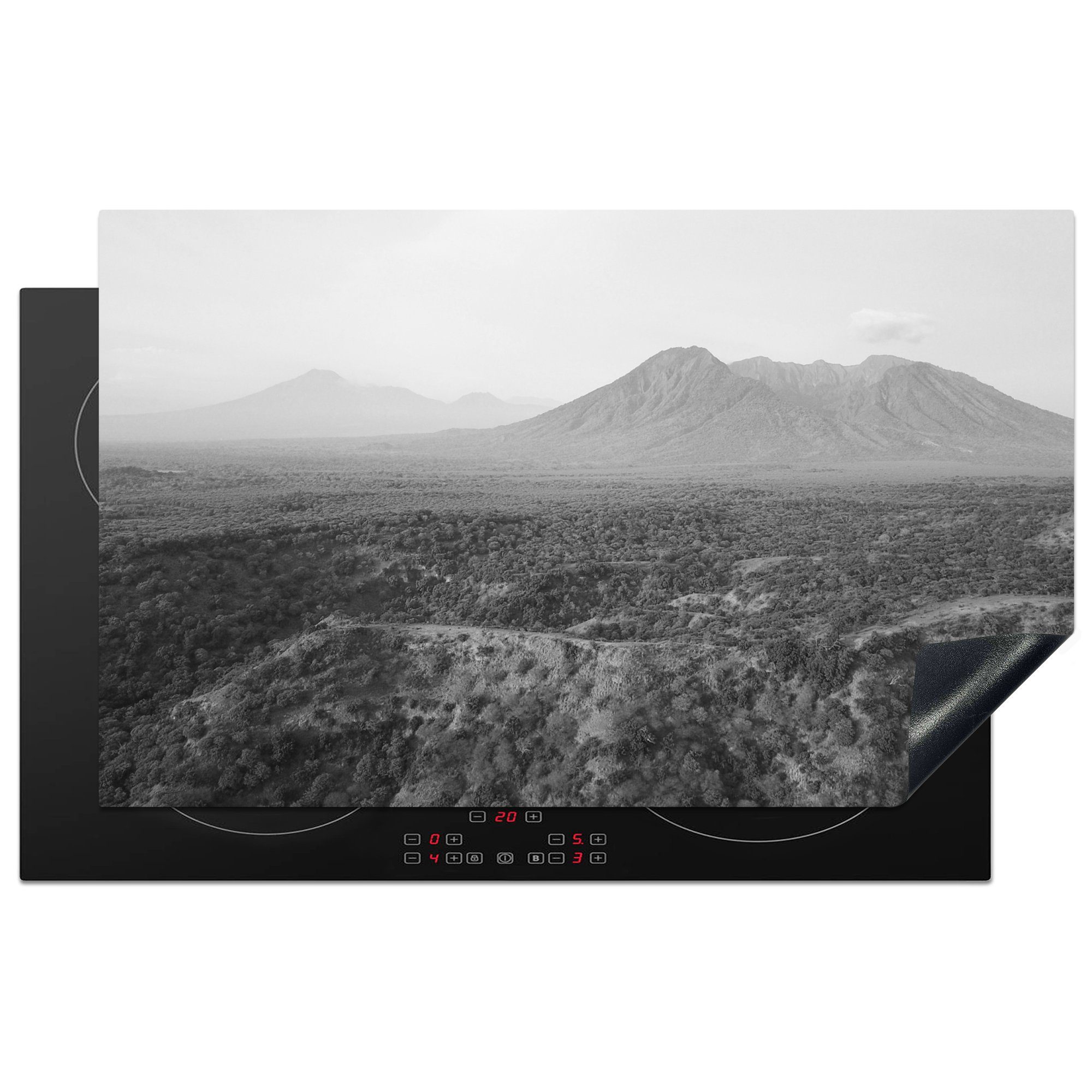 MuchoWow Herdblende-/Abdeckplatte Vulkan - Wald - Weiß - Schwarz, Vinyl, (1 tlg), 83x51 cm, Ceranfeldabdeckung, Arbeitsplatte für küche