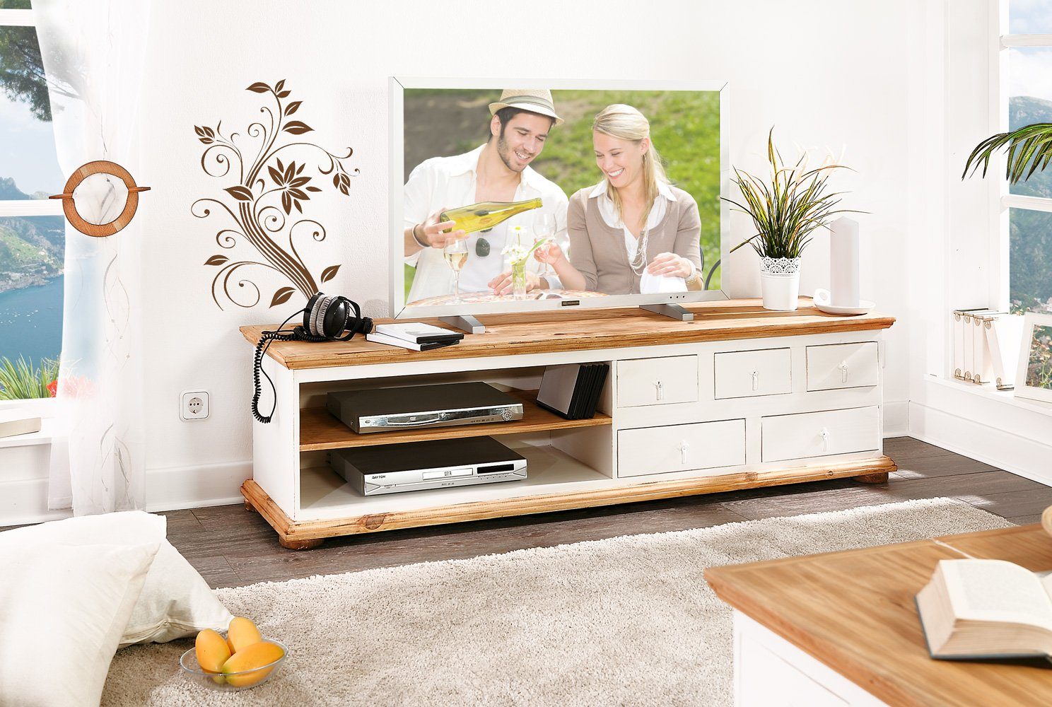 1a Direktimport TV-Board Lowboard TV Tisch Mexico - Pinie Weiß - Massivholz - Landhausstil
