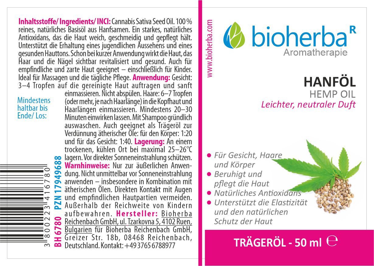BIOHERBA R Pflege-Set Bioherba Hanföl Cannabis Sativa Seed Oil Reines Hanf-Trägeröl 50 ml