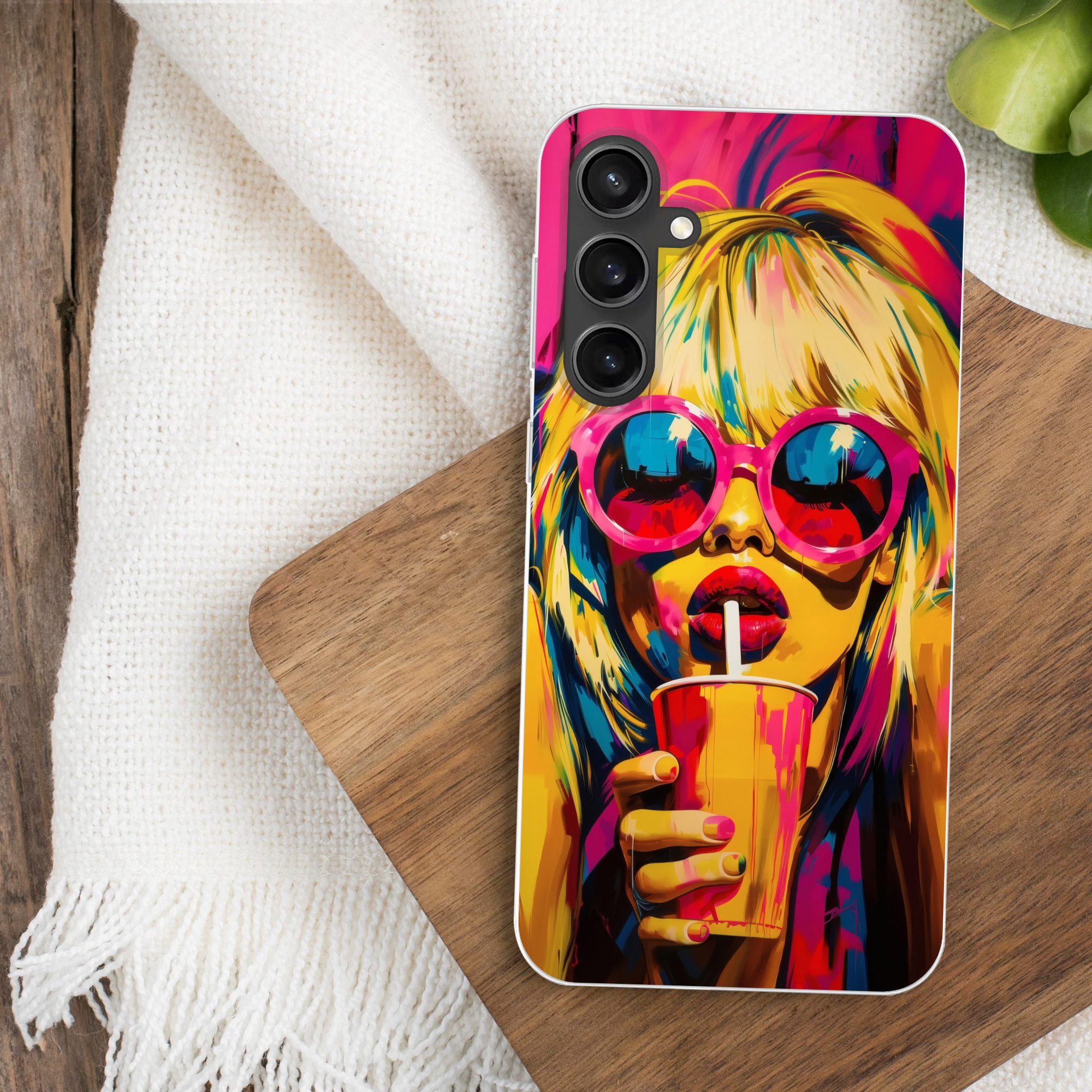 MuchoWow Handyhülle für Samsung Galaxy S23 FE Sonnenbrille - Rosa - Frau - Stroh