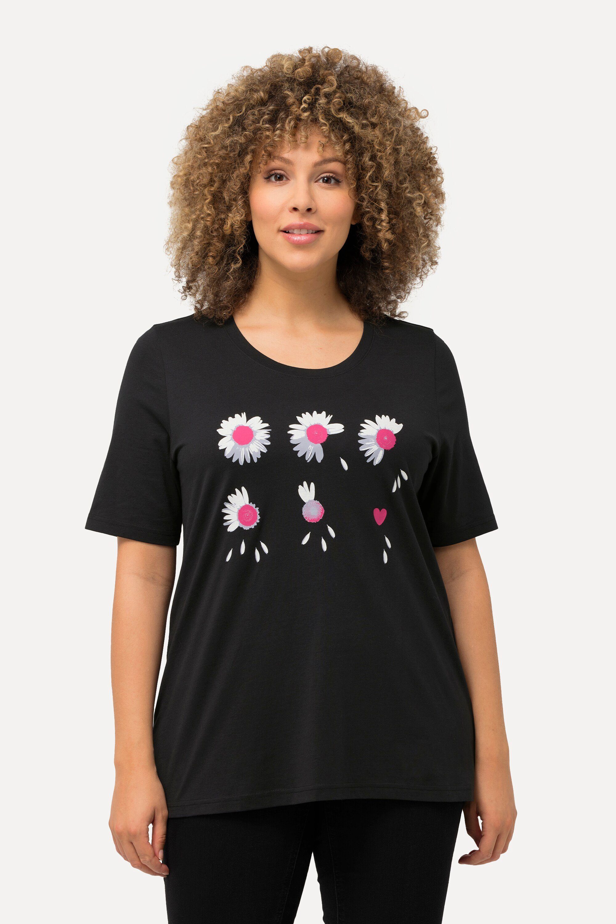 Ulla Popken Rundhalsshirt T-Shirt Runhals Classic Blüten schwarz Halbarm