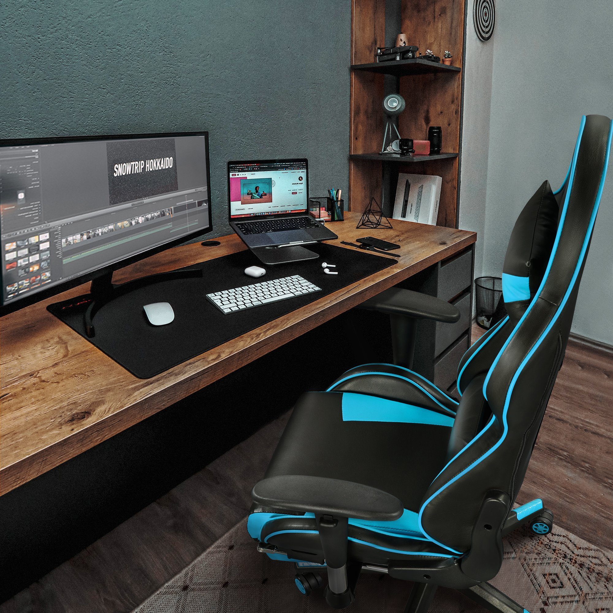 mit Yaheetech einstellbaren Gaming Armlehnen Blue Neon Chair, Gaming Stuhl