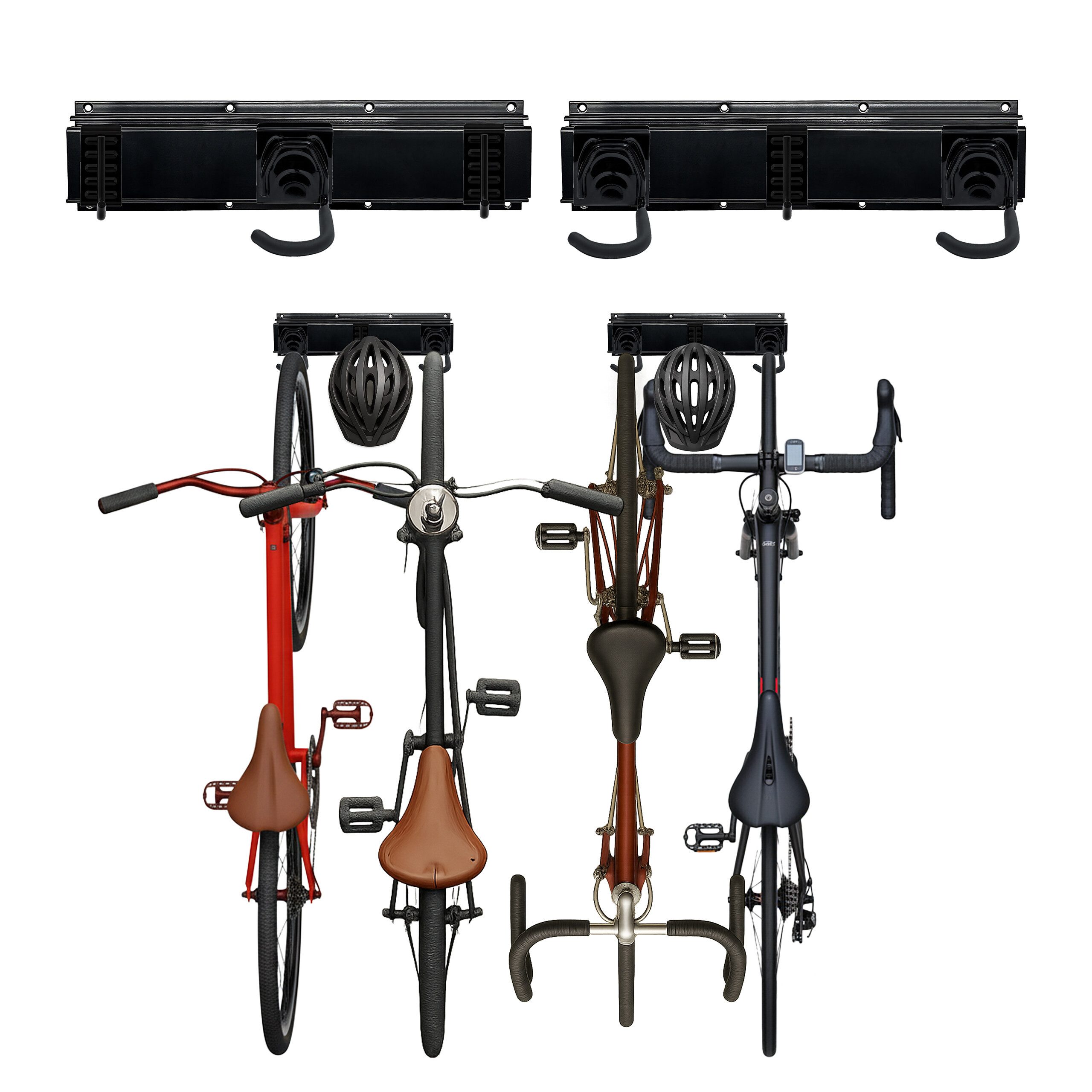 relaxdays Fahrradwandhalterung Fahrrad Wandhalterung mit Schiene (4-tlg), 4 Fahrräder + 4 Helme