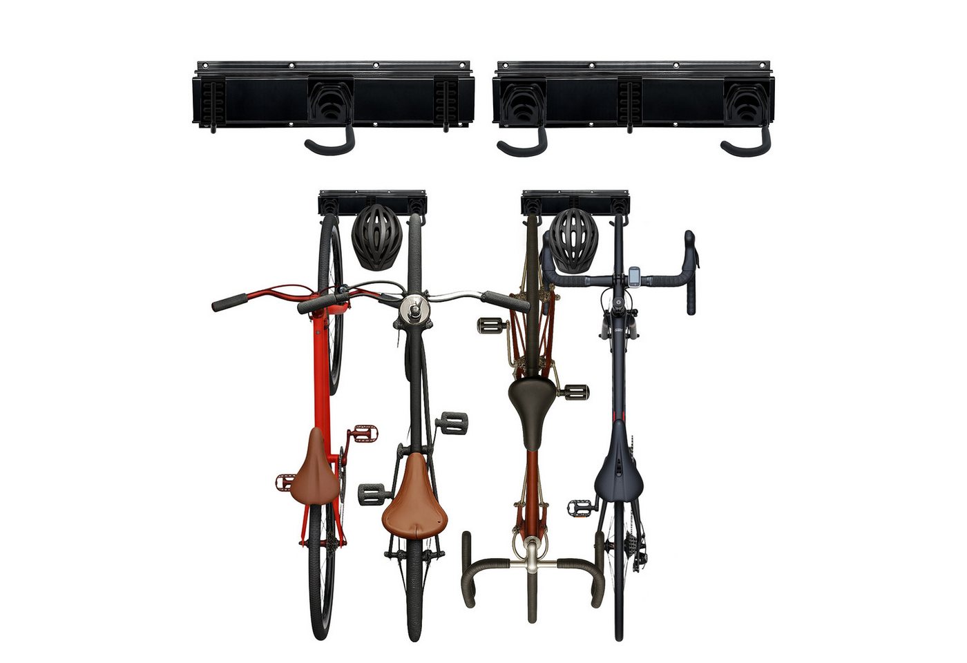 relaxdays Fahrradwandhalterung Fahrrad Wandhalterung mit Schiene (4-tlg), 4 Fahrräder + 4 Helme